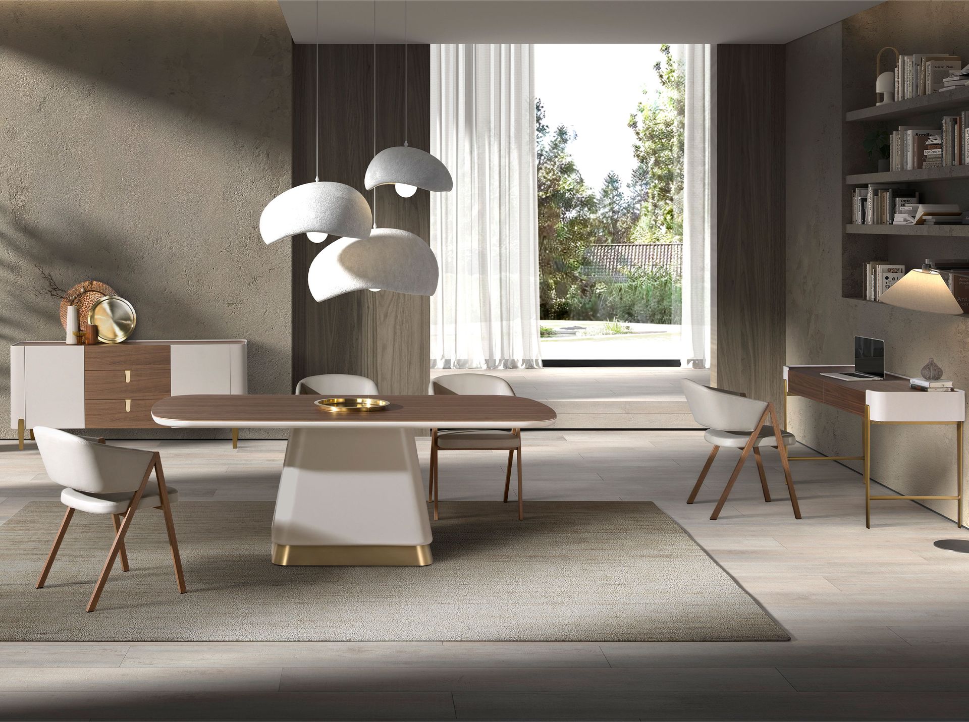 Mesa comedor rectangular nogal y madera beige - Imagen 4