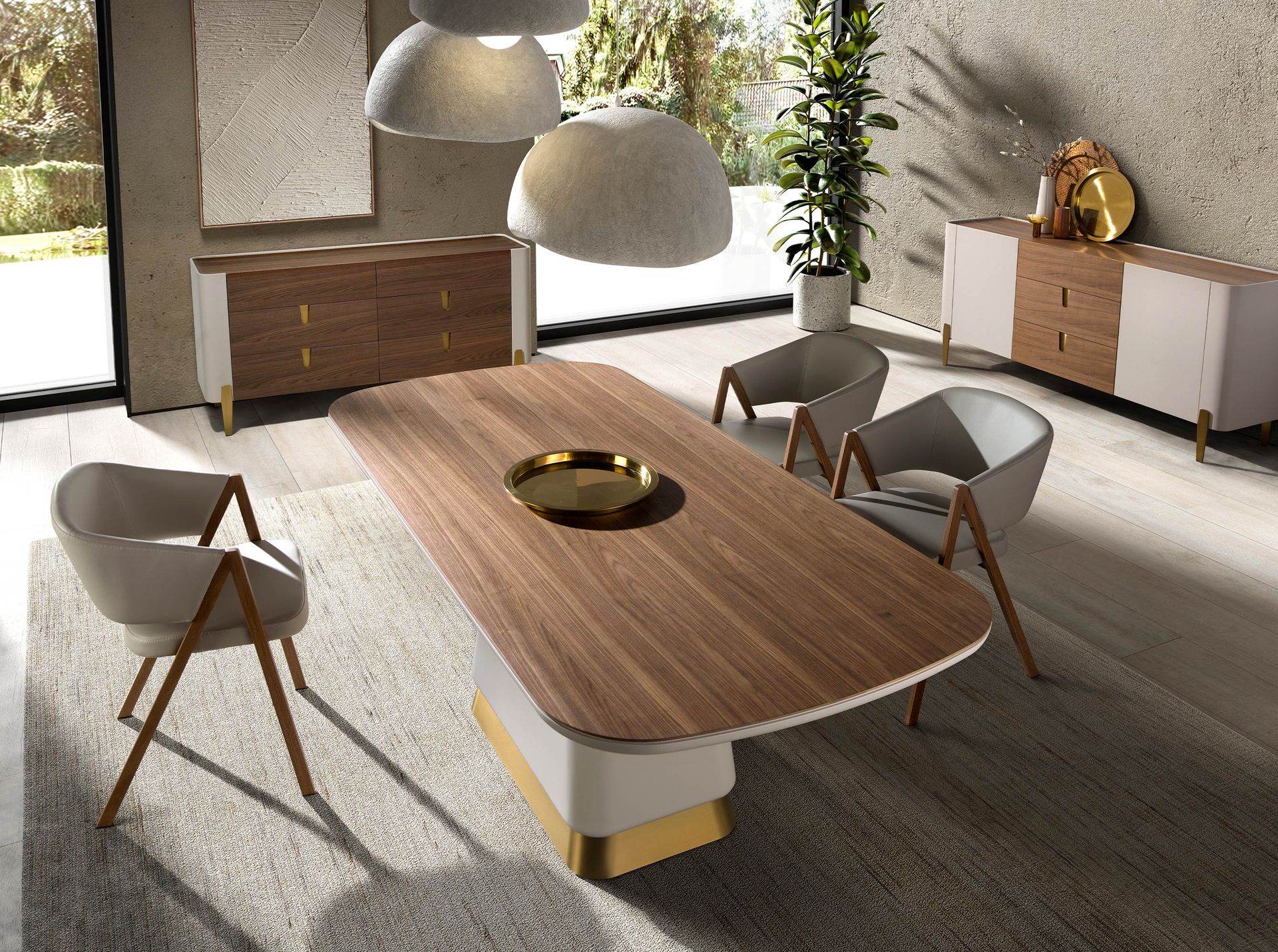 Mesa comedor rectangular nogal y madera beige - Imagen 5