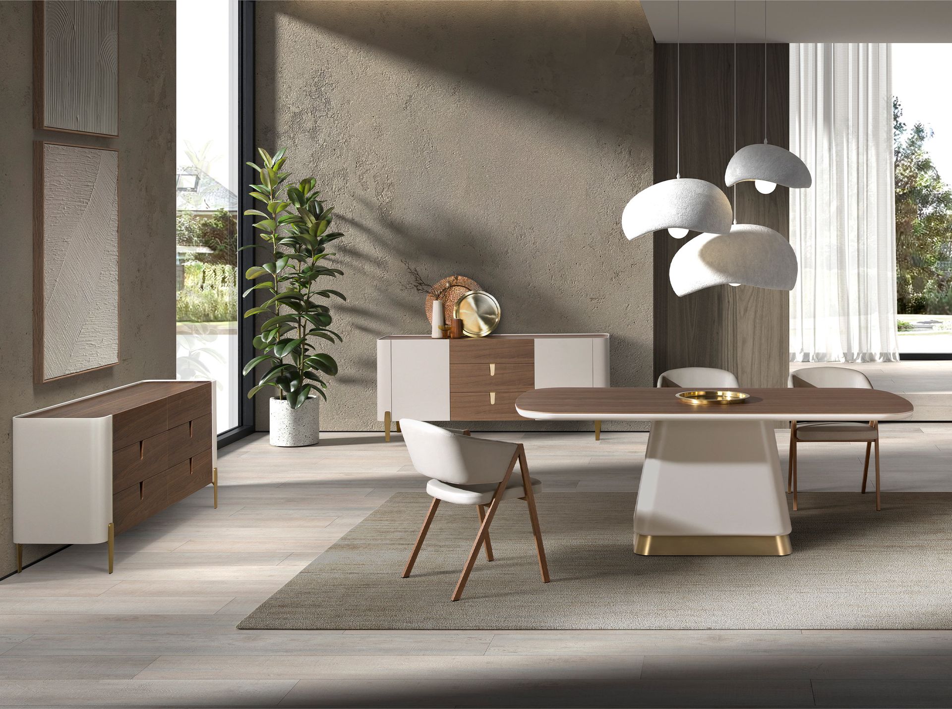 Mesa comedor rectangular nogal y madera beige - Imagen 6