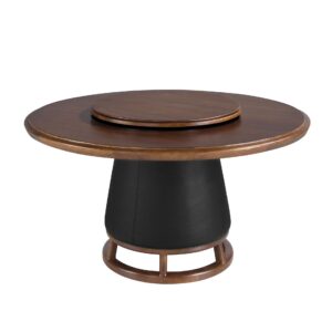 Mesa comedor redonda nogal oscuro y madera tapizada en polipiel Angel Cerdá