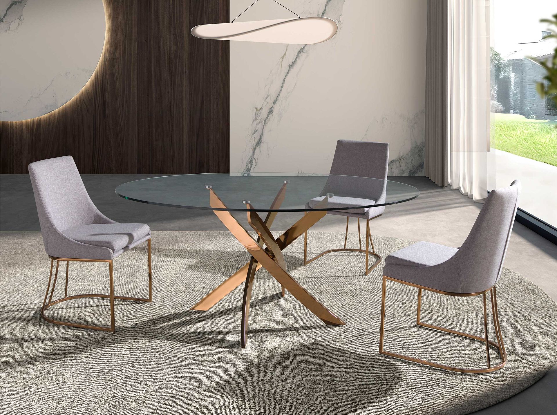 Mesa comedor redonda cristal templado y acero rosa - Imagen 3