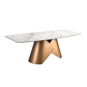 Mesa comedor ovalada barril mármol porcelánico y acero color bronce Angel Cerdá