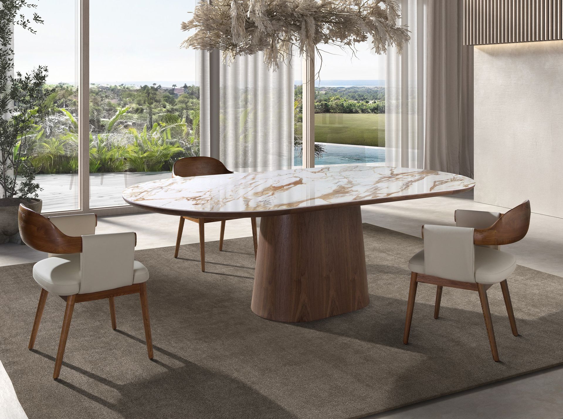 Mesa comedor ovalada medio punto mármol porcelánico y nogal - Imagen 3