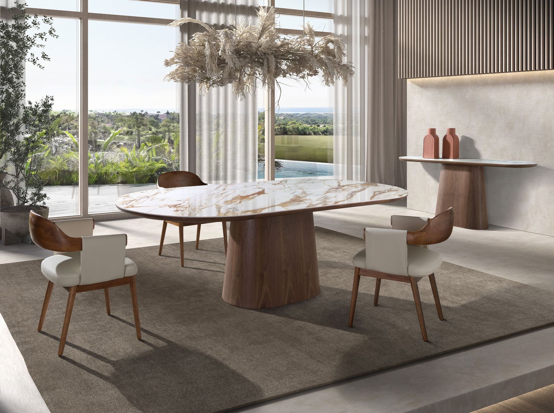 Mesa comedor ovalada medio punto mármol porcelánico y nogal - Imagen 4