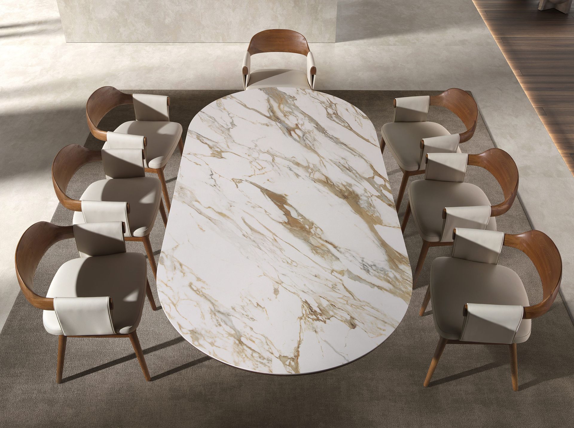 Mesa comedor ovalada medio punto mármol porcelánico y nogal - Imagen 5