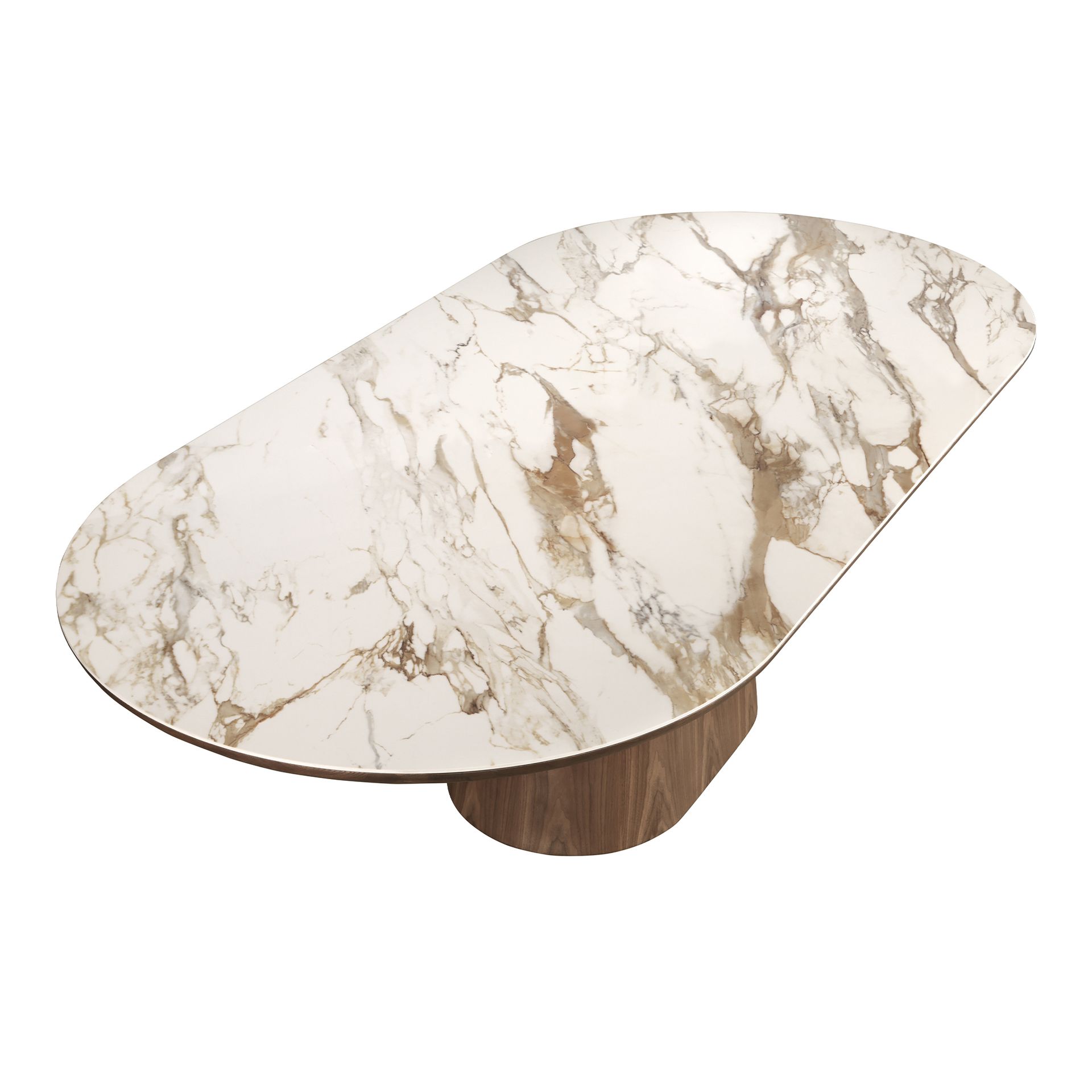 Mesa comedor ovalada medio punto mármol porcelánico y nogal - Imagen 6