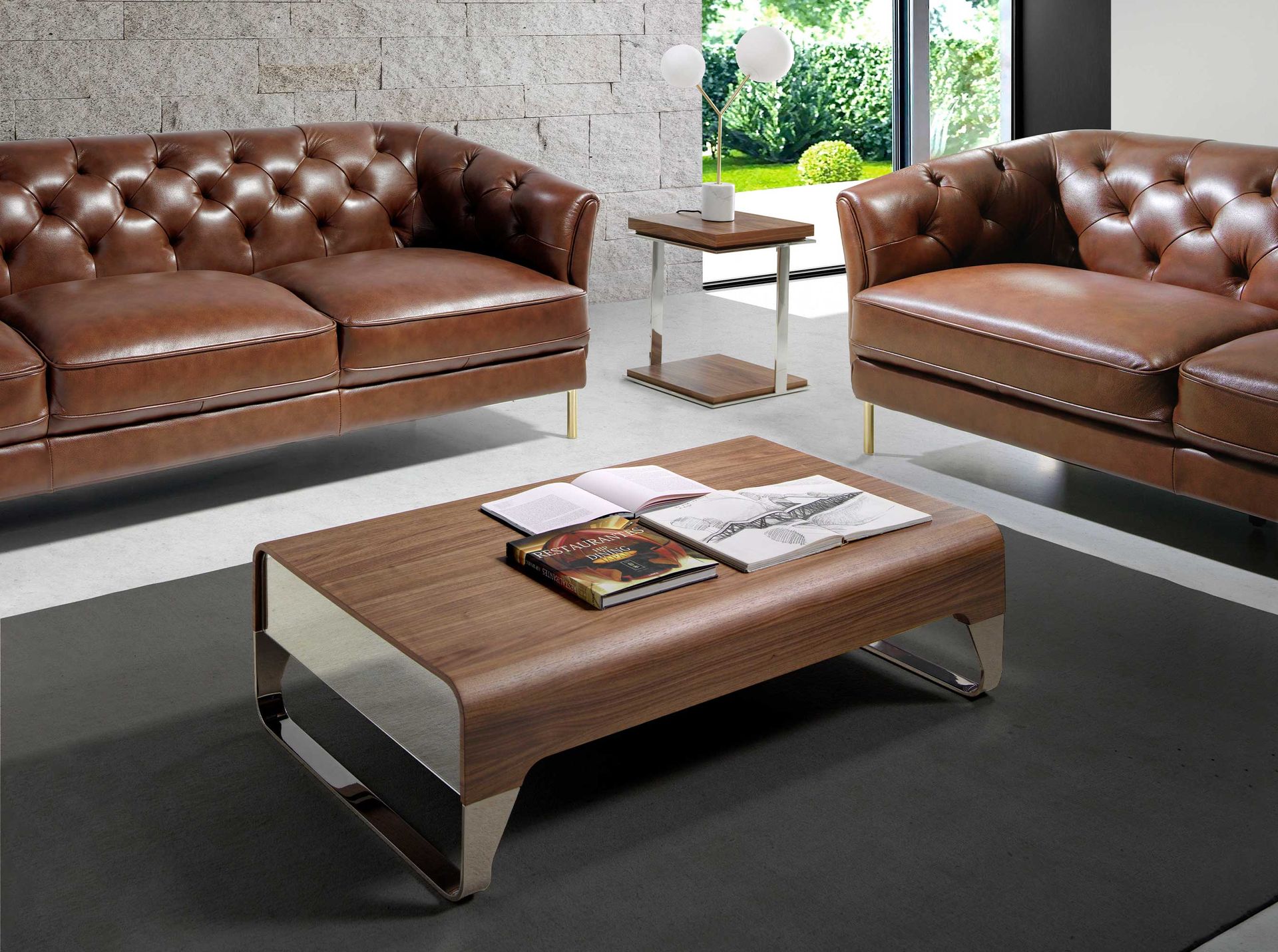 Mesa centro rectangular nogal y acero cromado - Imagen 3