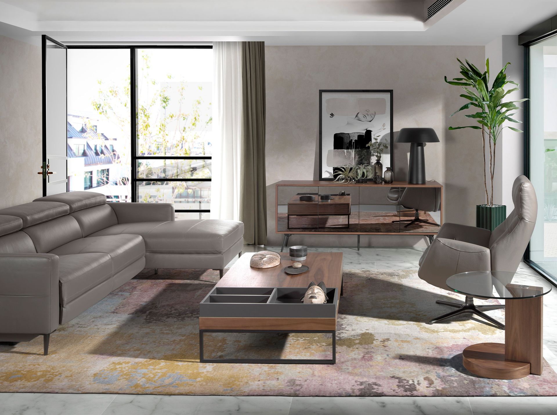 Mesa rincón redonda cristal templado y nogal - Imagen 4