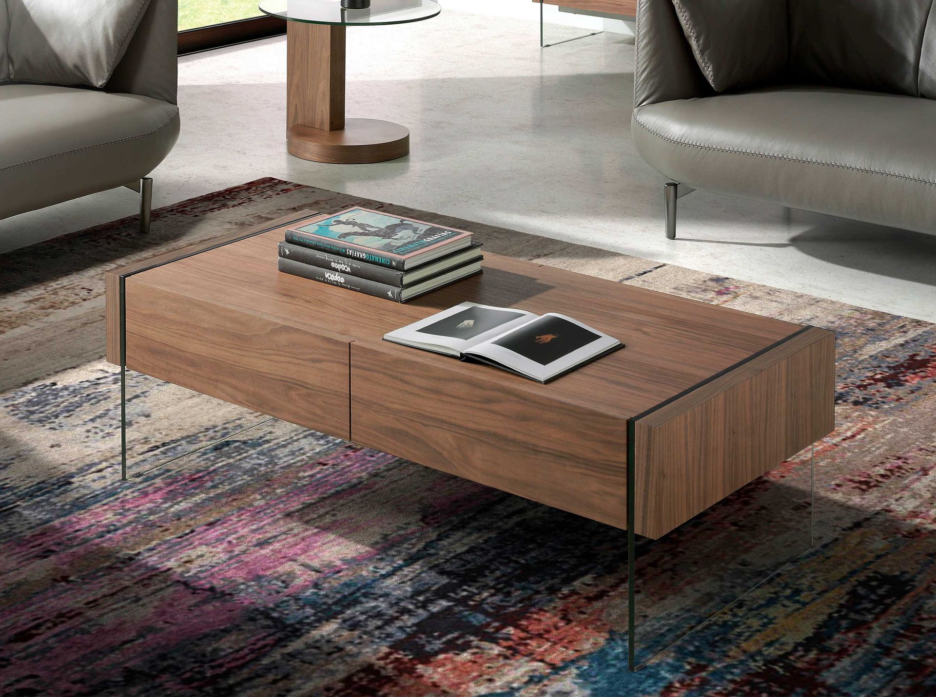 Mesa centro rectangular nogal y cristal templado - Imagen 3