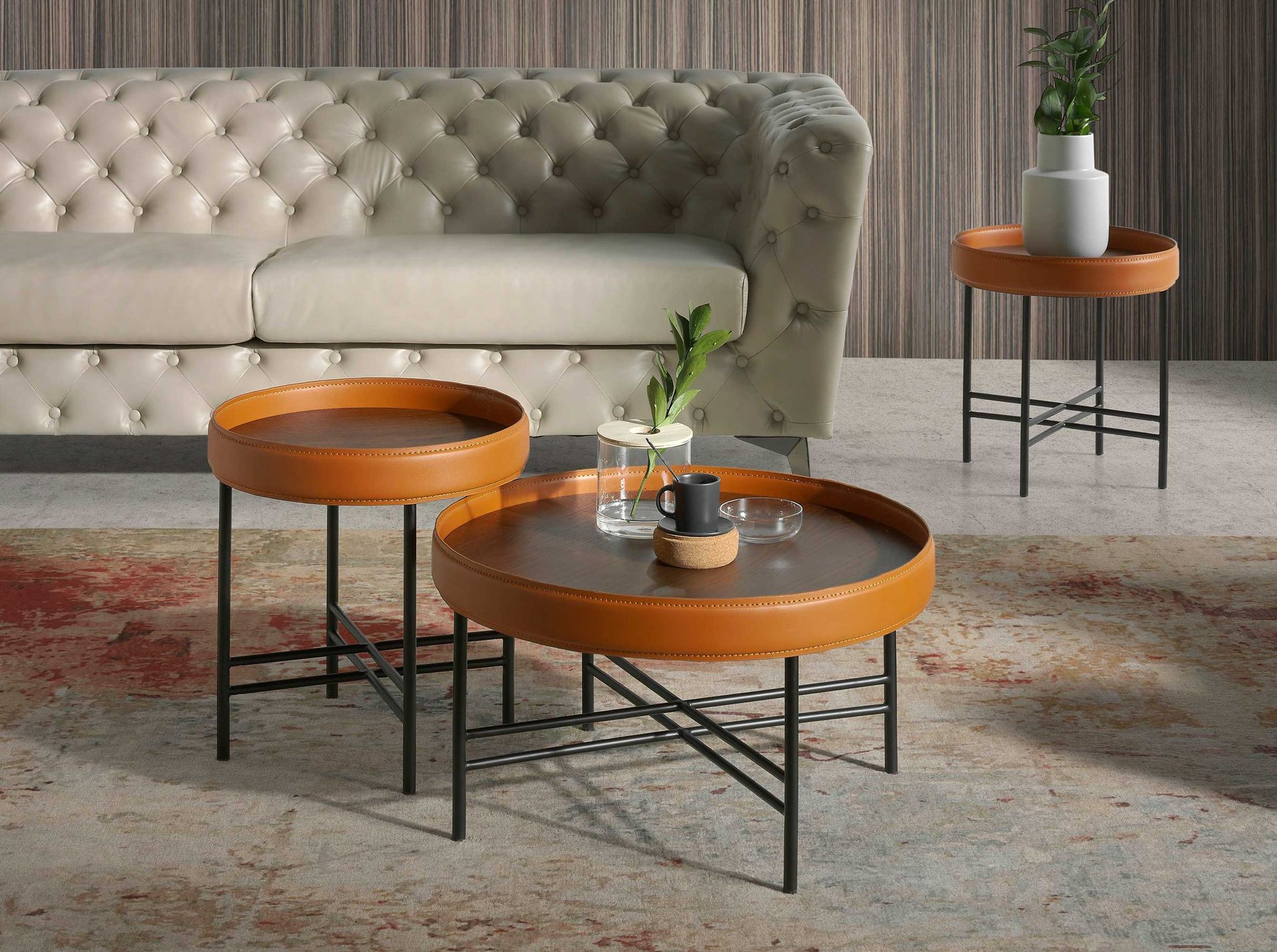 Mesa centro redonda polipiel, nogal y acero negro - Imagen 3