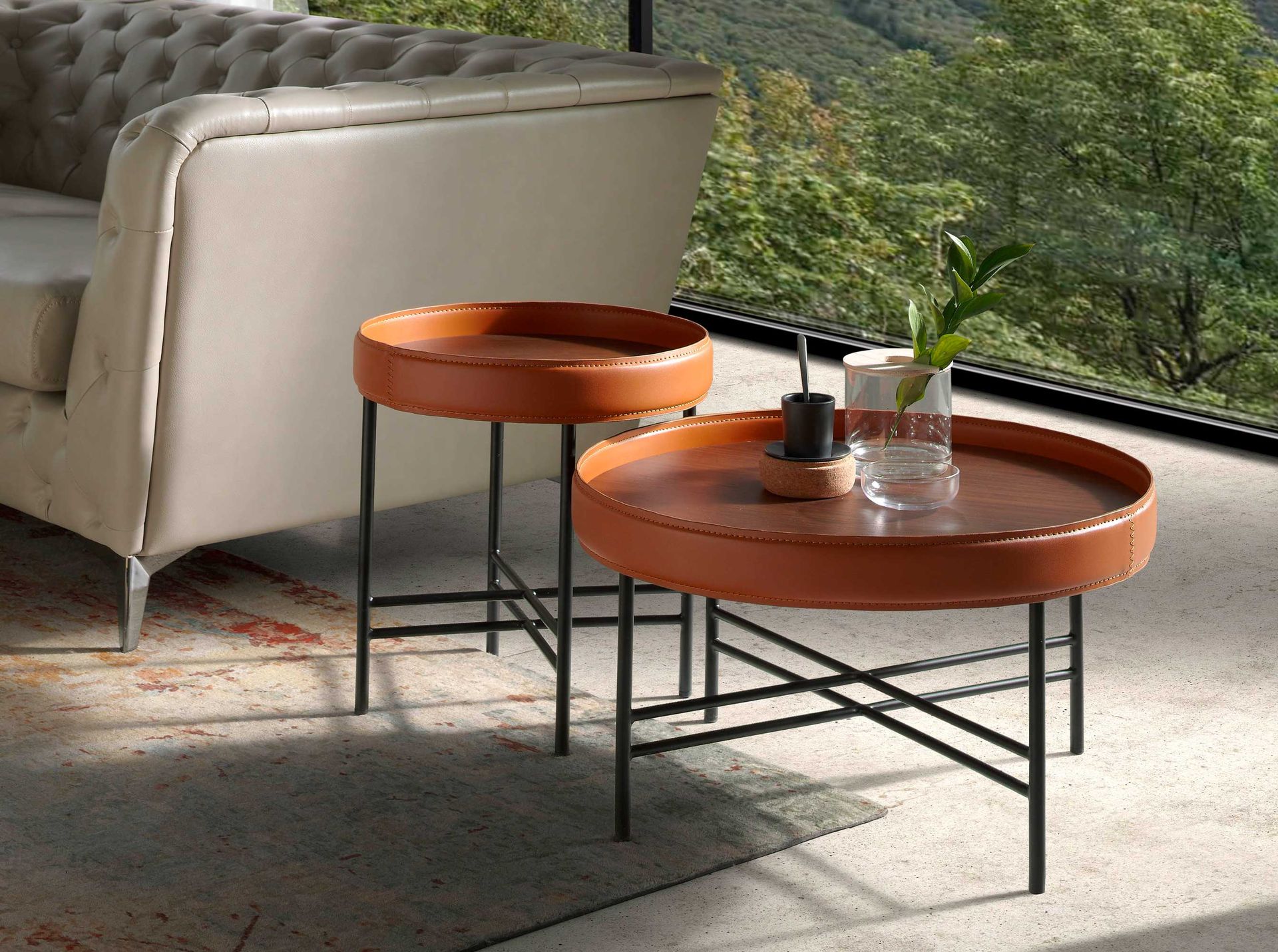 Mesa centro redonda polipiel, nogal y acero negro - Imagen 5