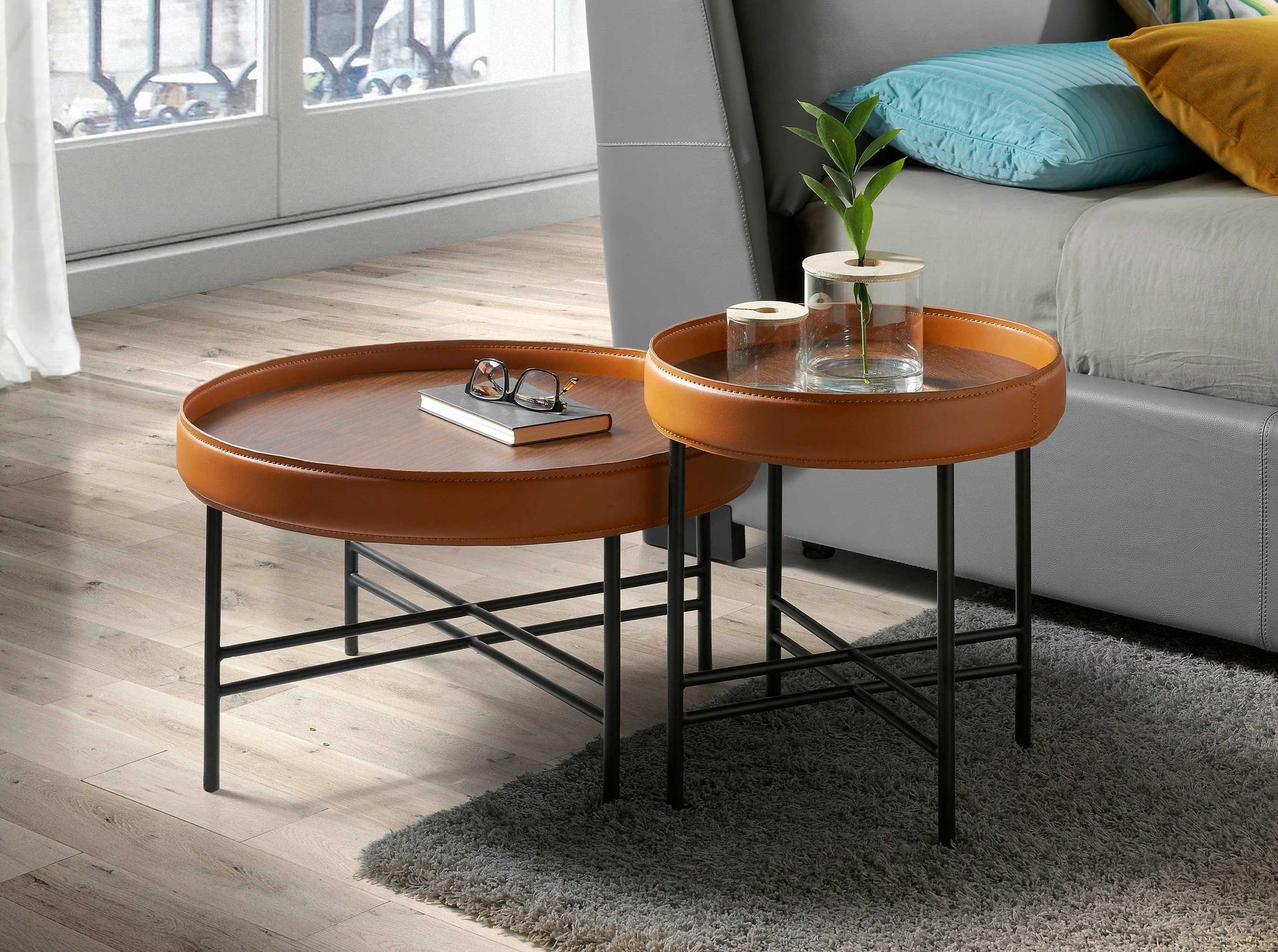 Mesa centro redonda polipiel, nogal y acero negro - Imagen 6