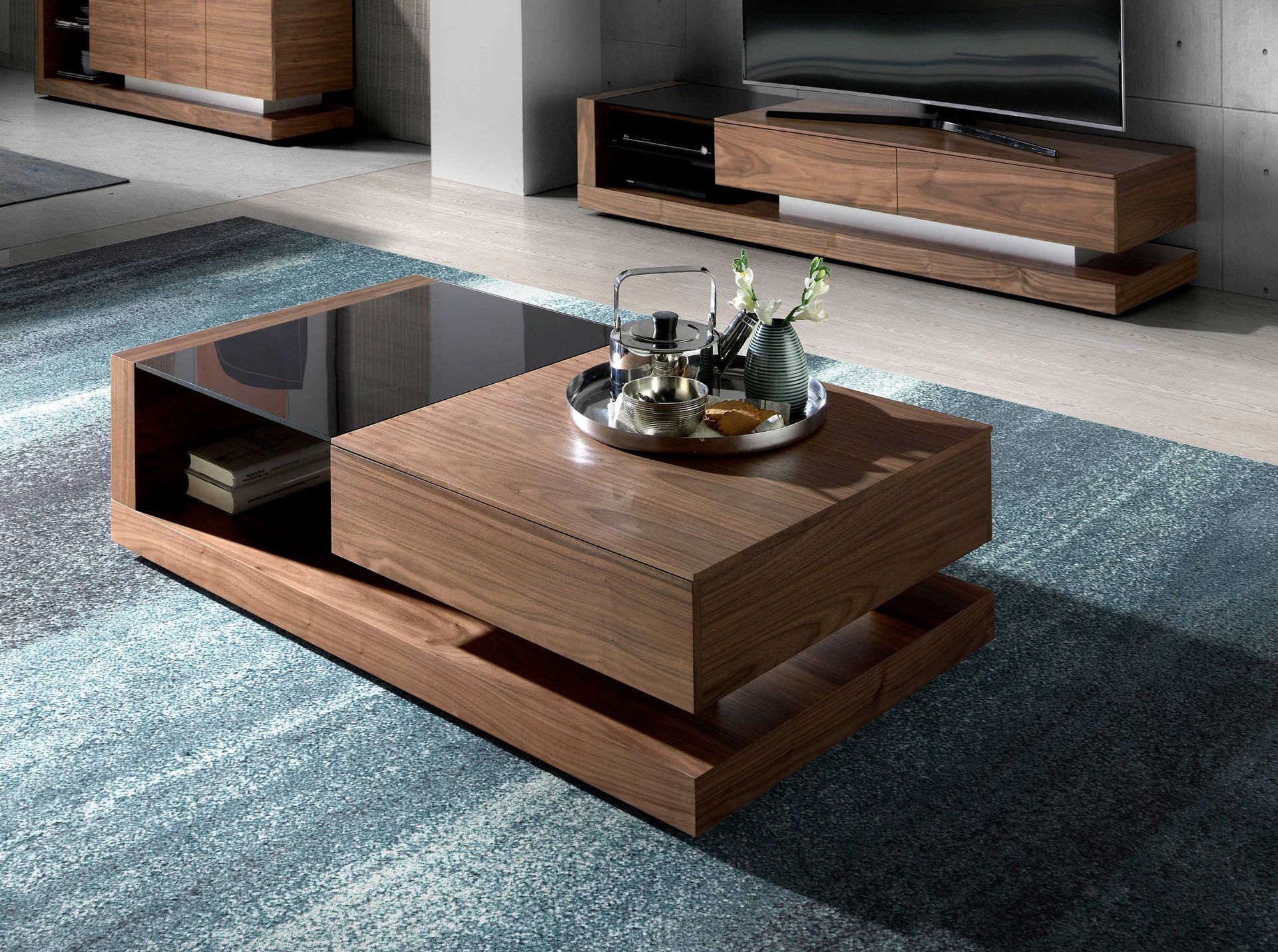 Mesa centro rectangular Cristal negro y nogal - Imagen 3