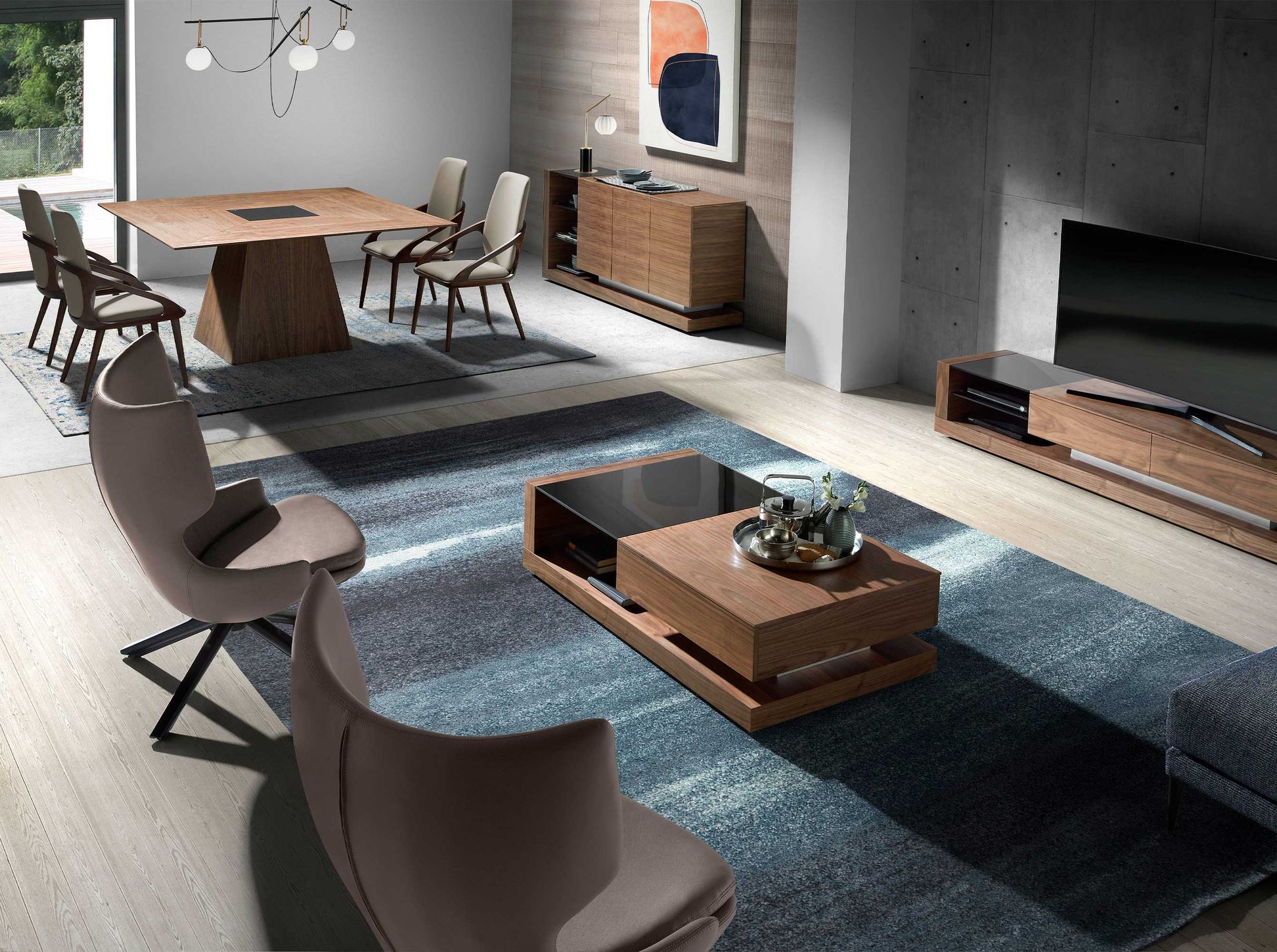 Mesa centro rectangular Cristal negro y nogal - Imagen 4