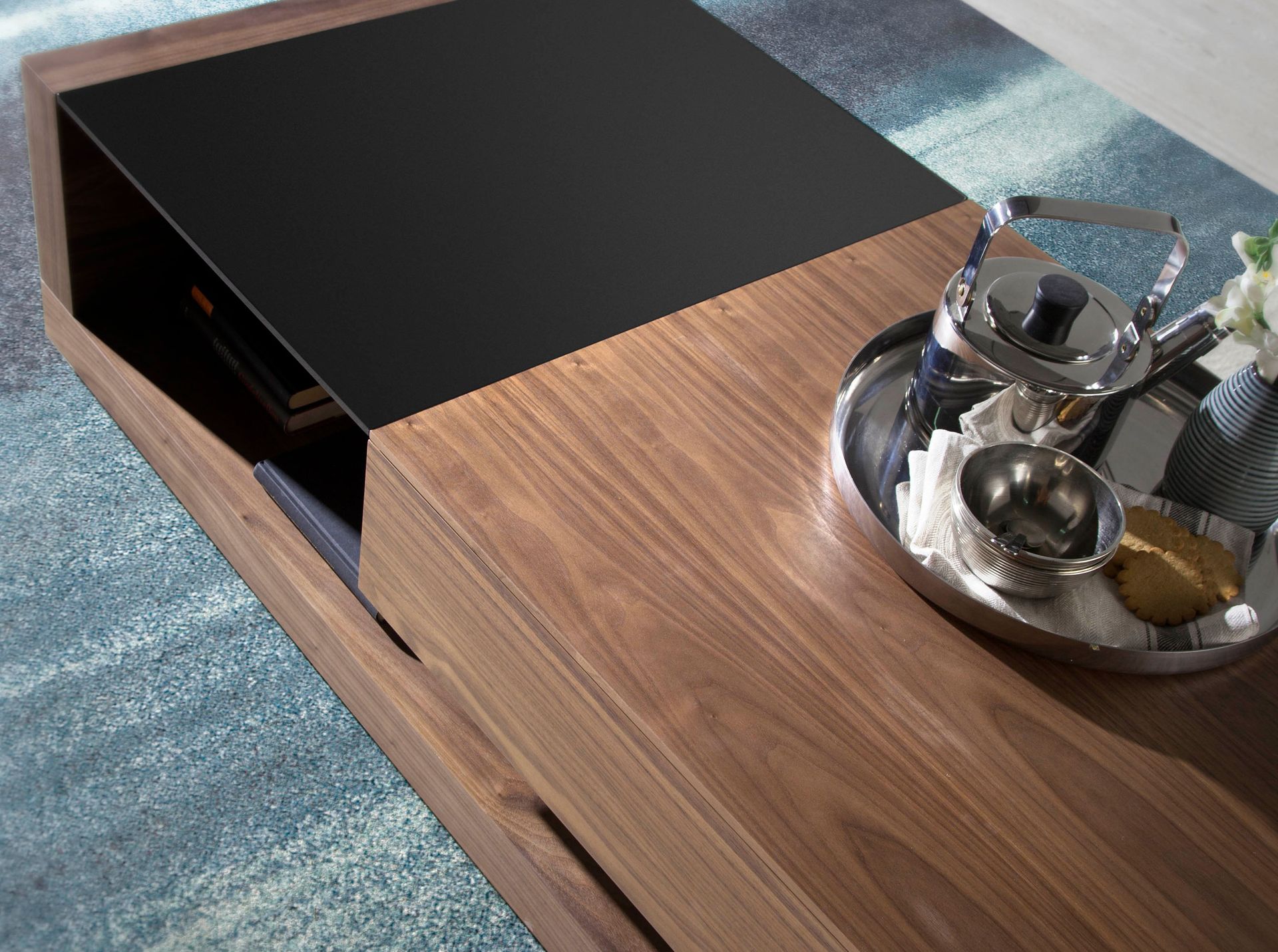 Mesa centro rectangular Cristal negro y nogal - Imagen 6