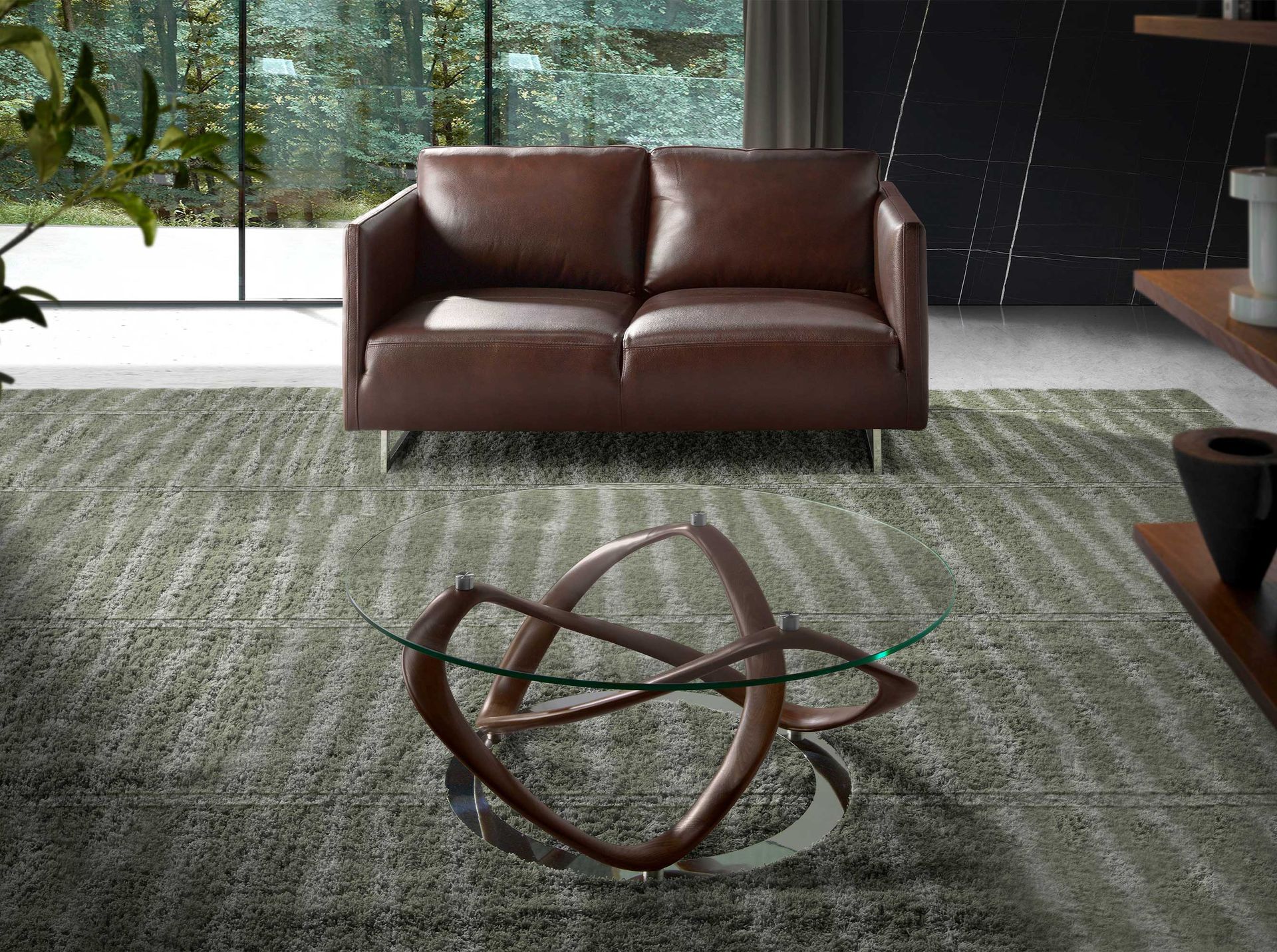 Mesa centro redonda cristal templado, nogal y acero cromado - Imagen 6