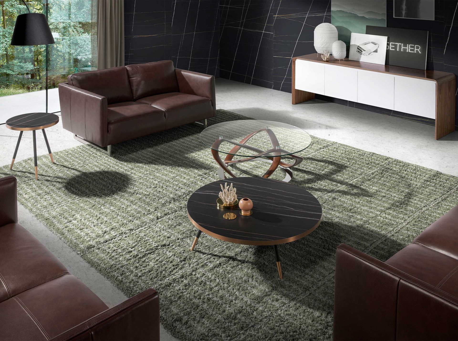 Mesa centro redonda cristal templado, nogal y acero cromado - Imagen 8