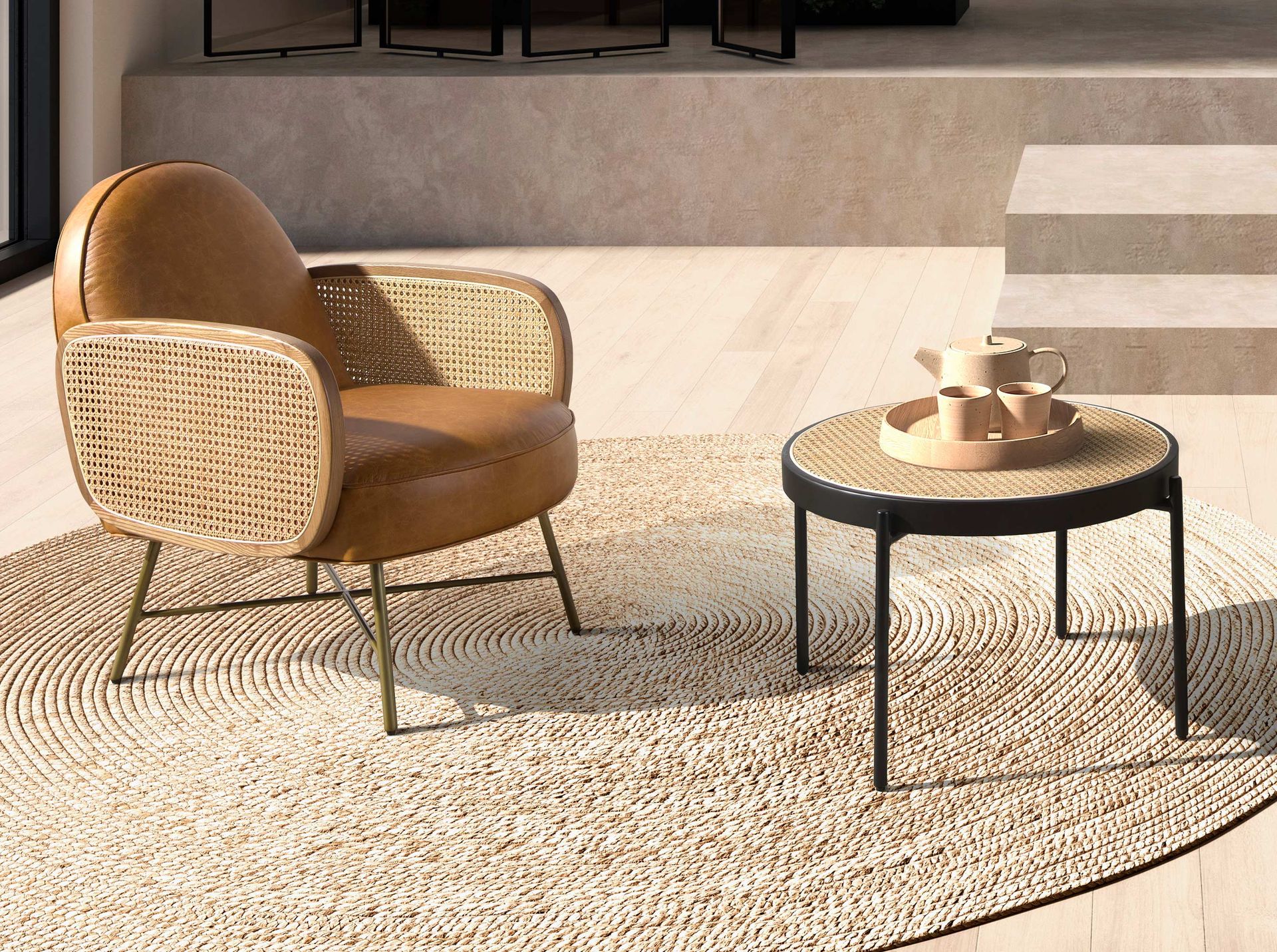 Mesa centro redonda rattan, madera negra y acero negro - Imagen 3