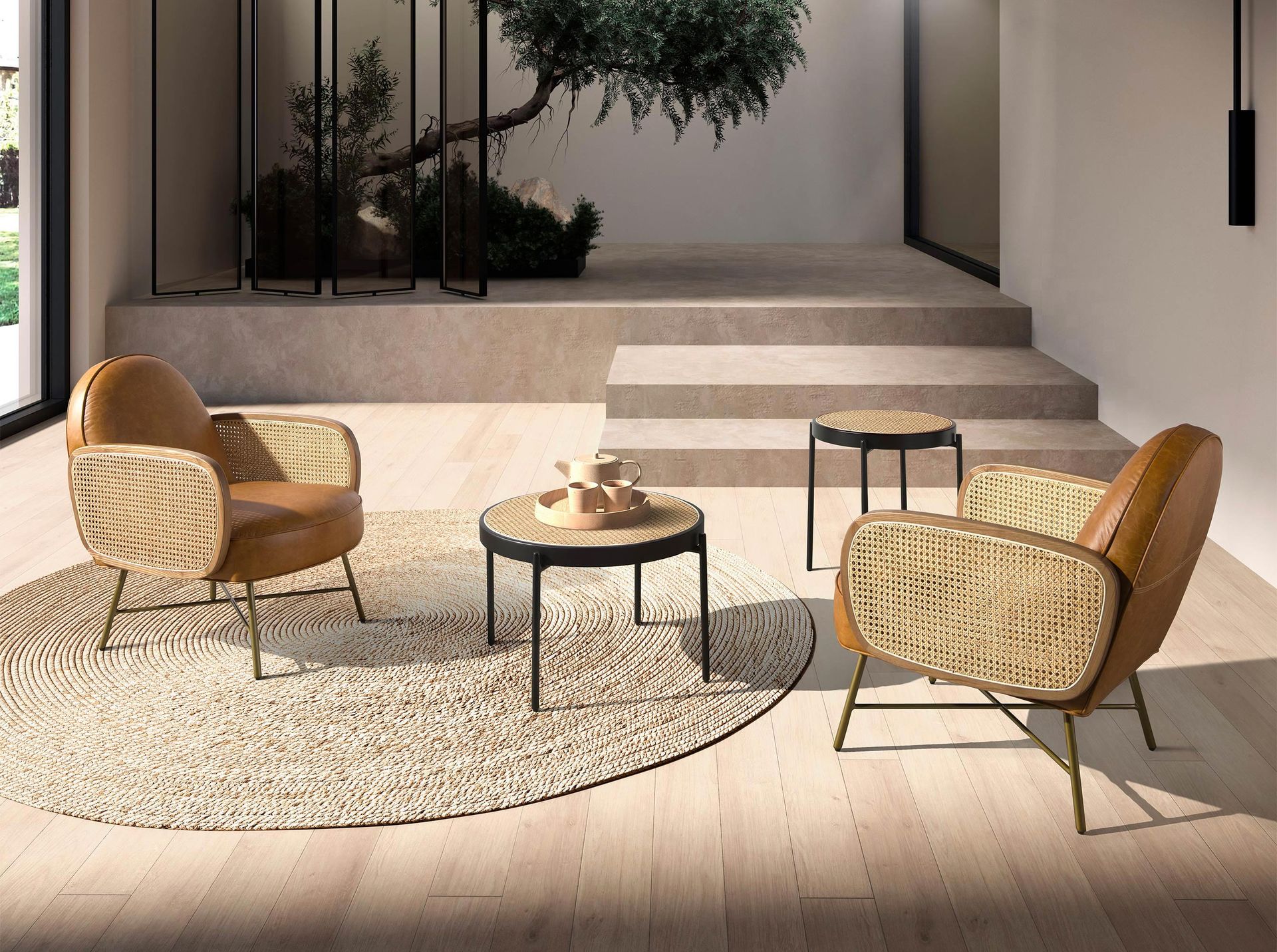 Mesa centro redonda rattan, madera negra y acero negro - Imagen 4