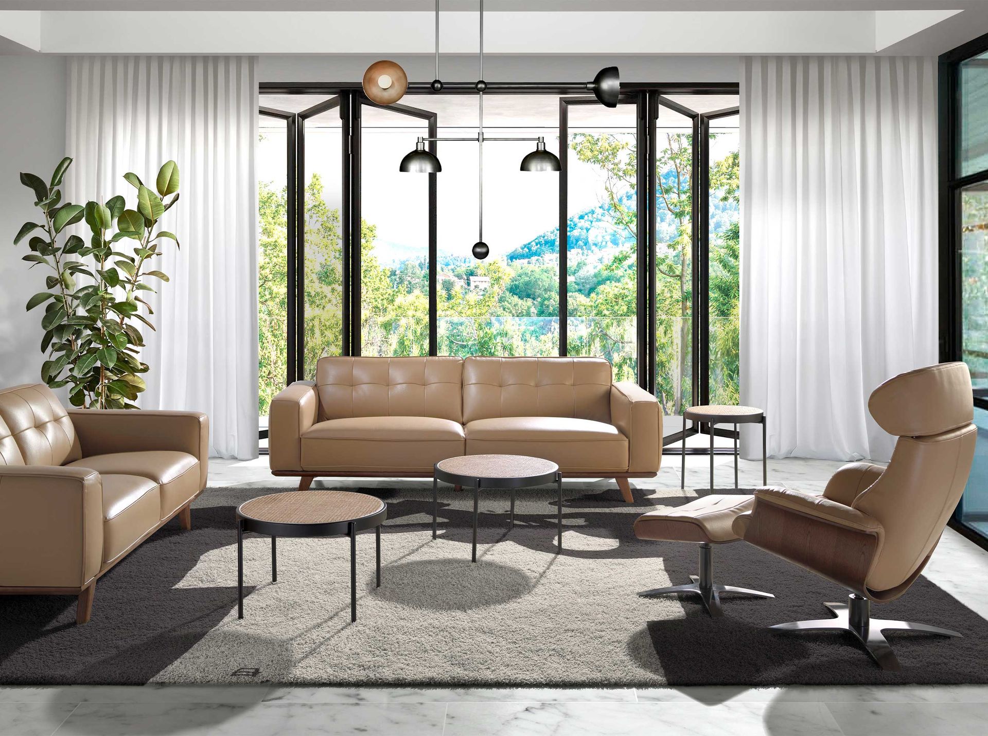 Mesa centro redonda rattan, madera negra y acero negro - Imagen 6