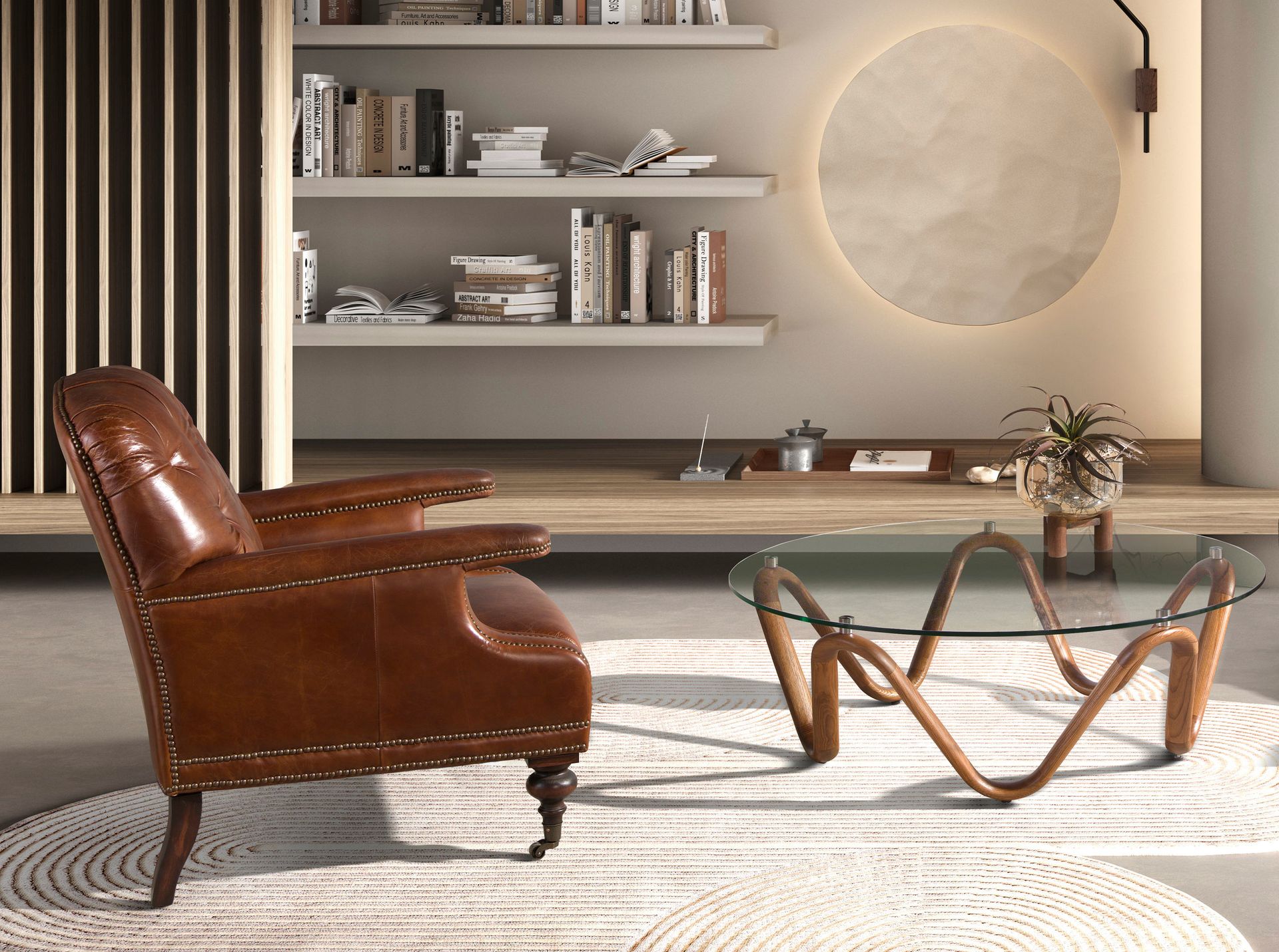 Mesa centro redonda cristal templado y nogal - Imagen 3