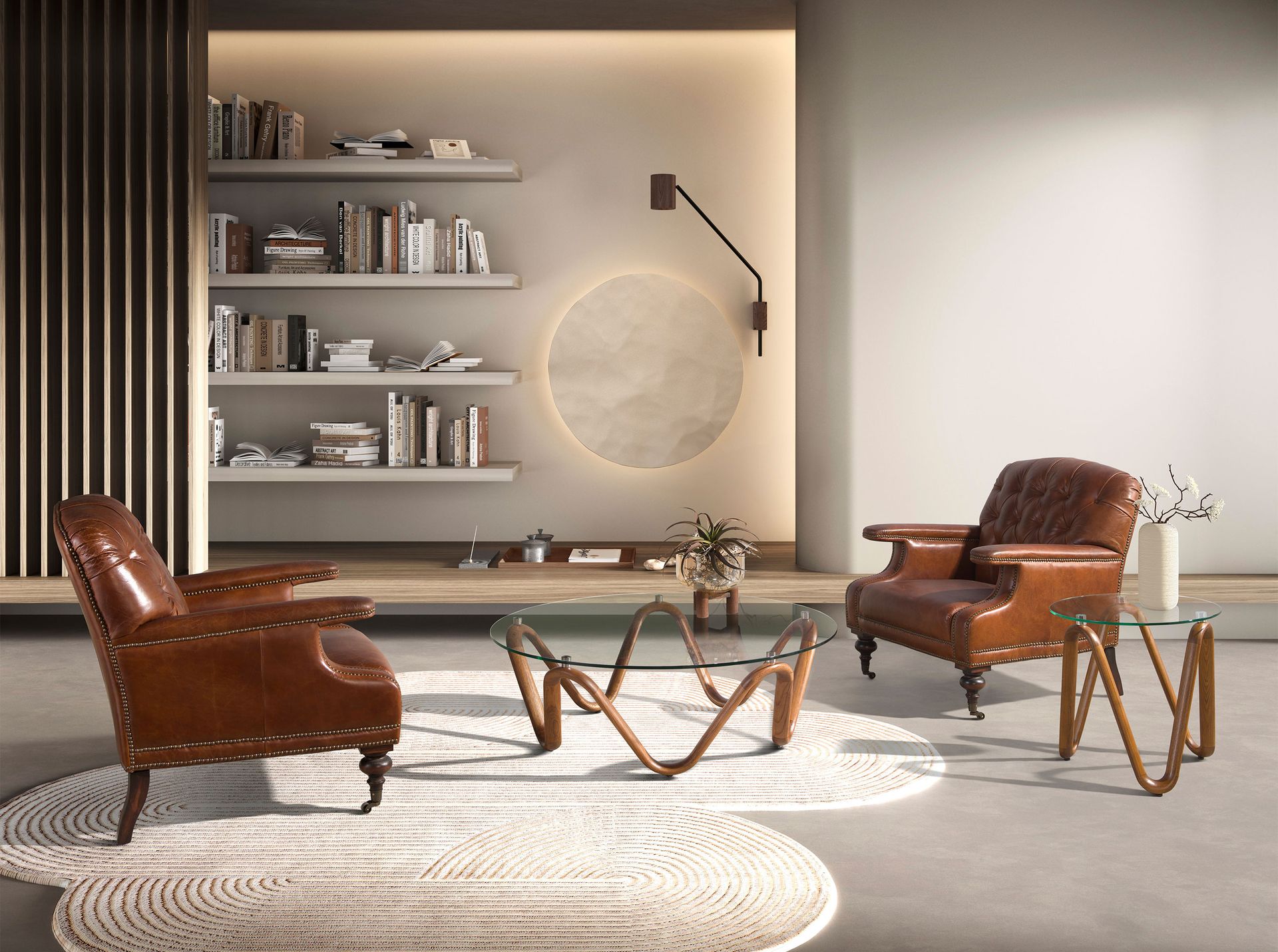 Mesa centro redonda cristal templado y nogal - Imagen 4