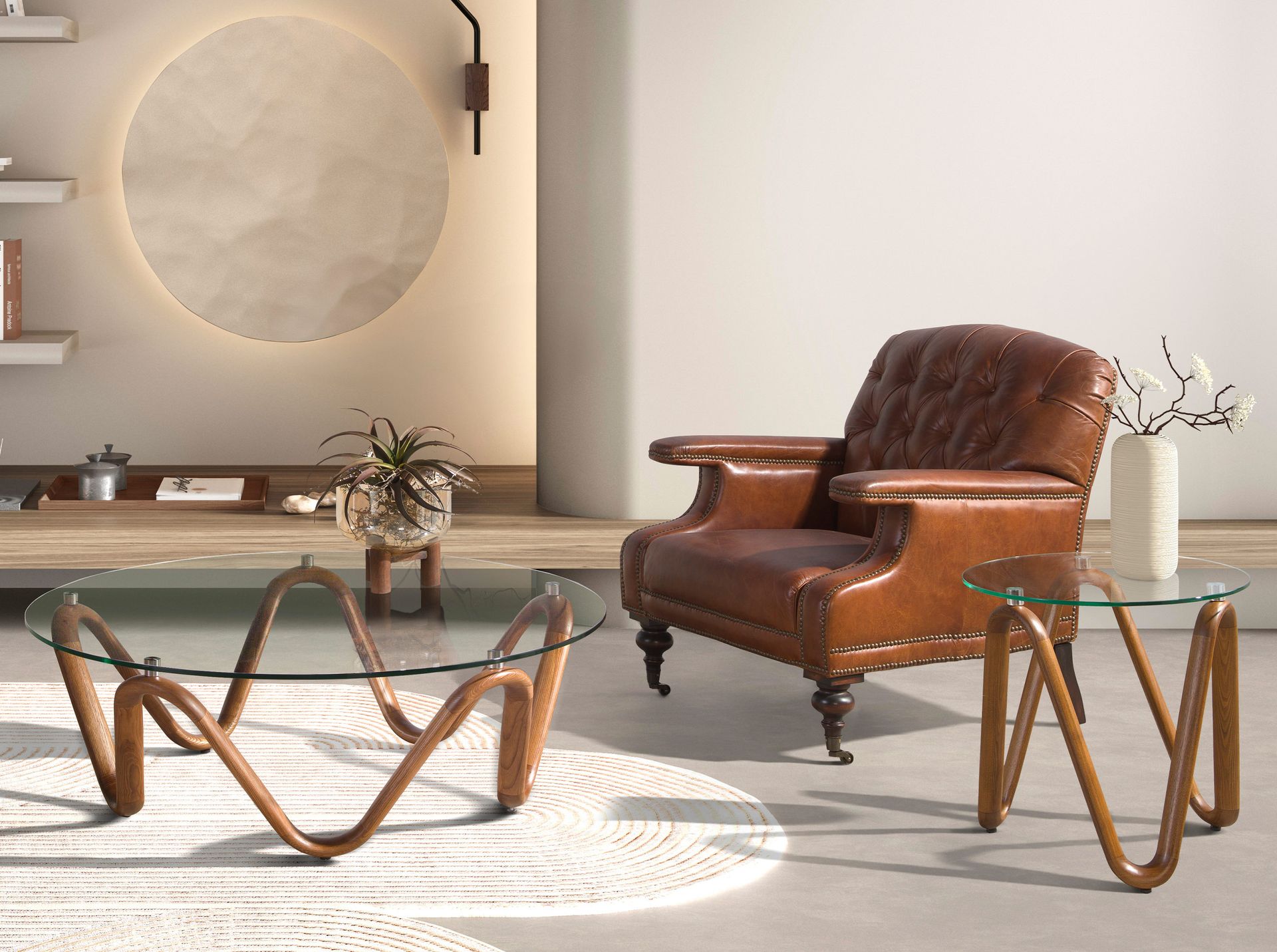 Mesa centro redonda cristal templado y nogal - Imagen 5