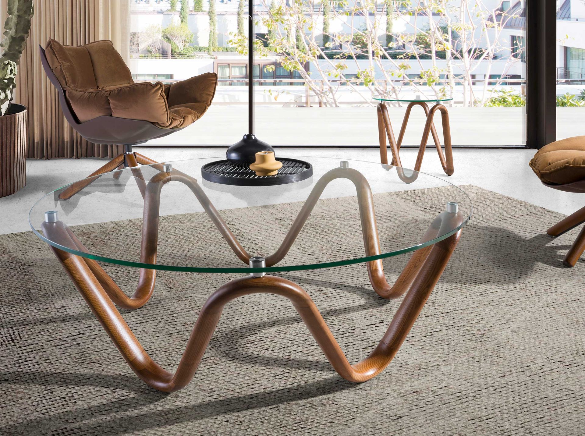 Mesa centro redonda cristal templado y nogal - Imagen 6