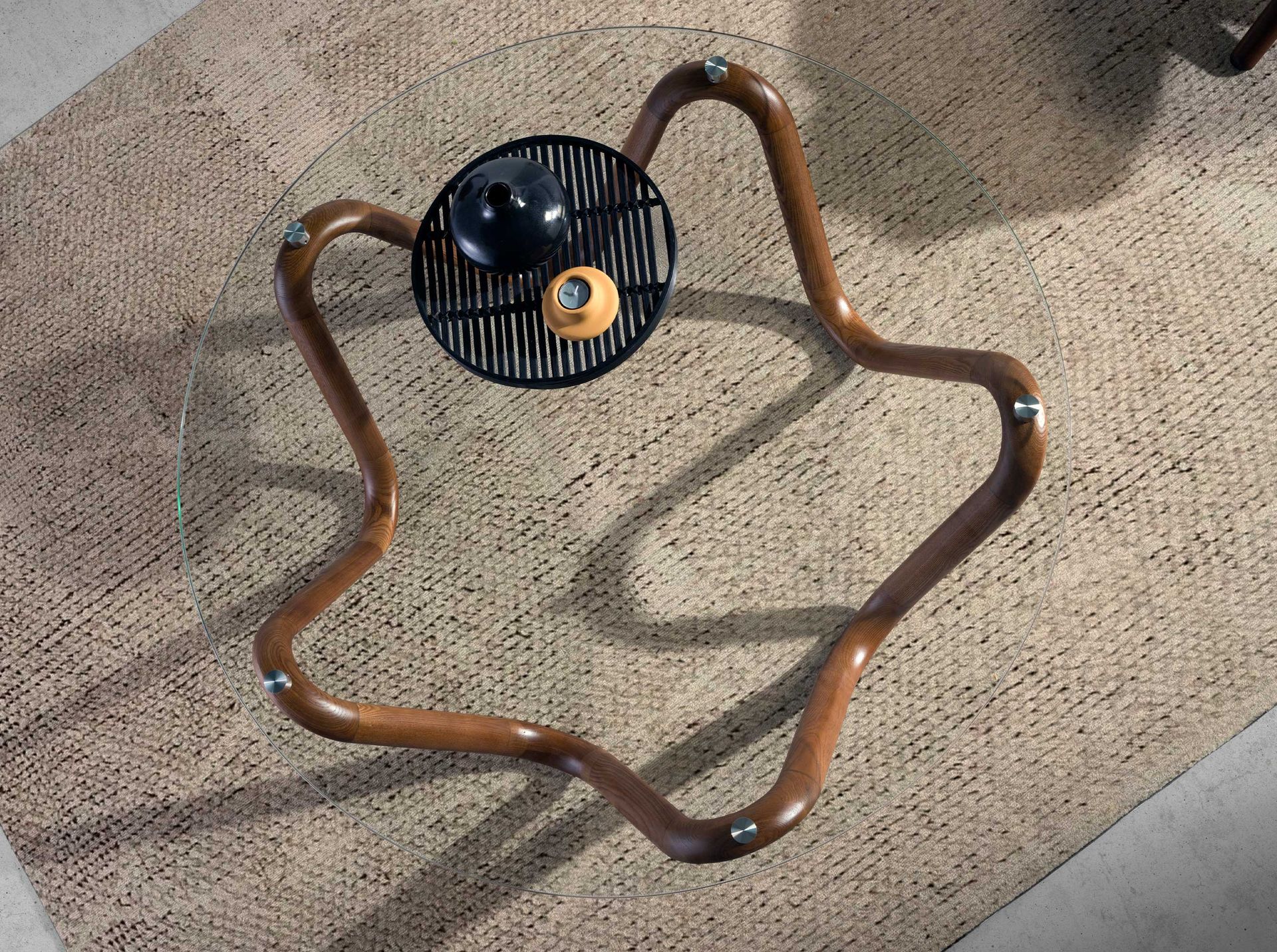 Mesa centro redonda cristal templado y nogal - Imagen 7