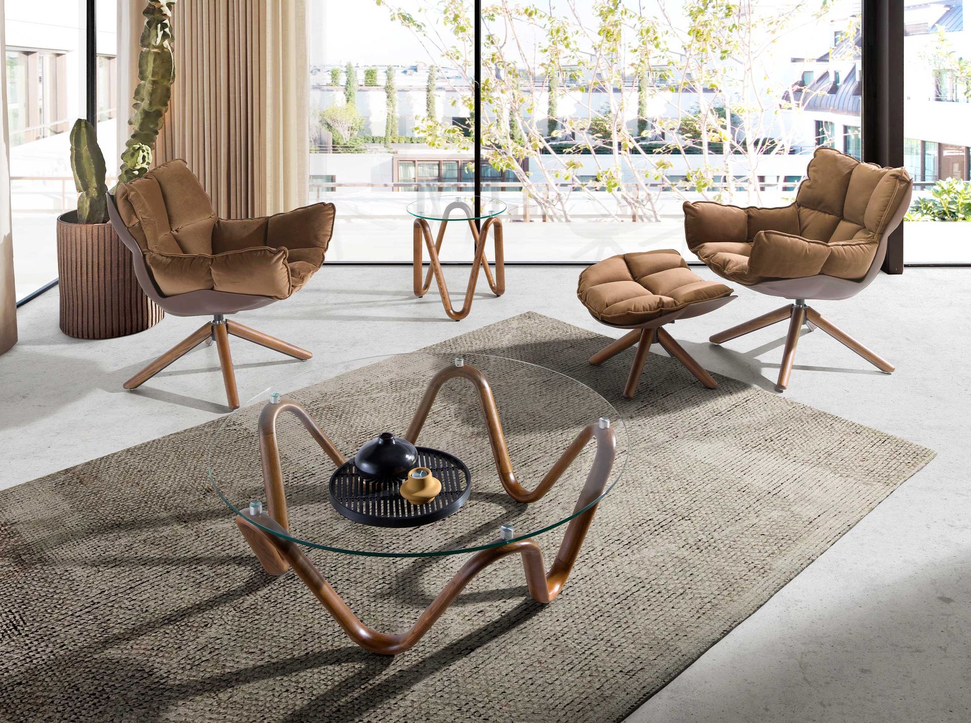 Mesa centro redonda cristal templado y nogal - Imagen 8