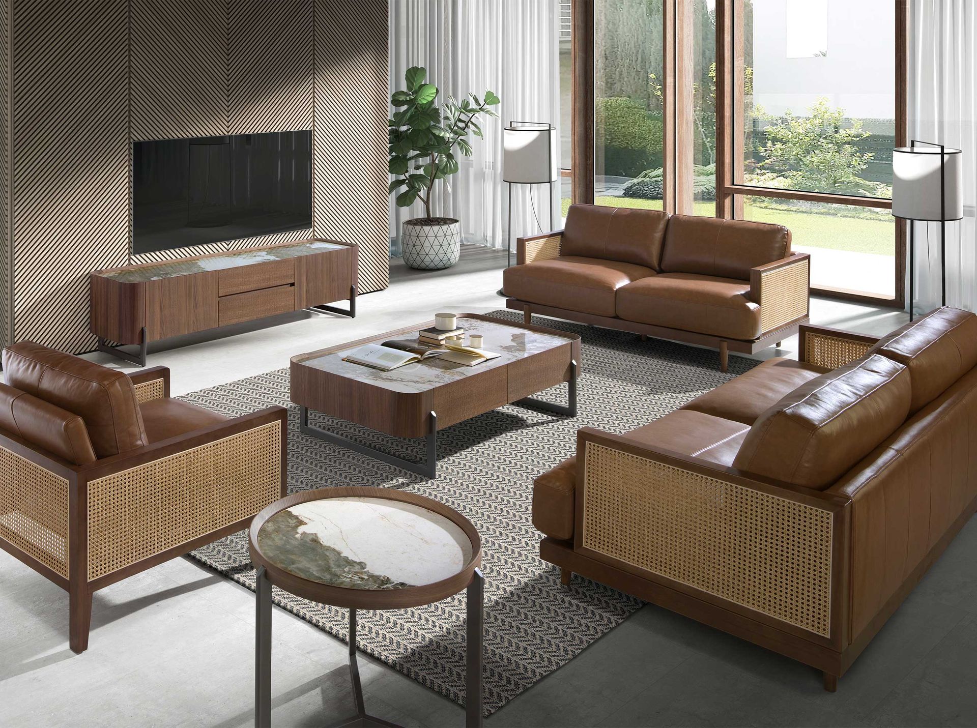 Mesa centro rectangular mármol porcelánico, nogal y acero visón metal - Imagen 4