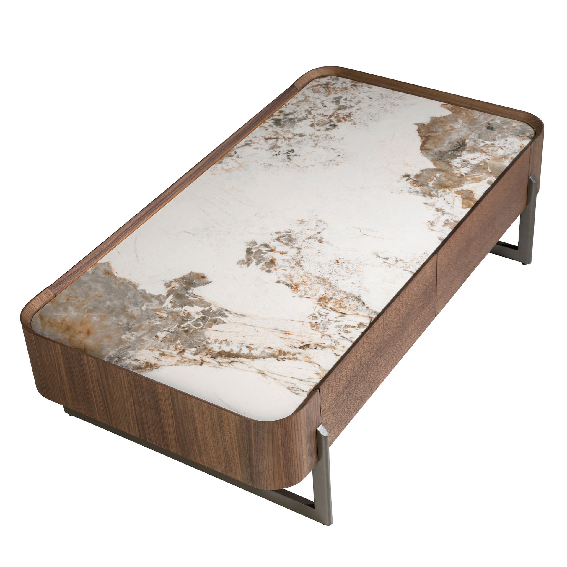 Mesa centro rectangular mármol porcelánico, nogal y acero visón metal - Imagen 6