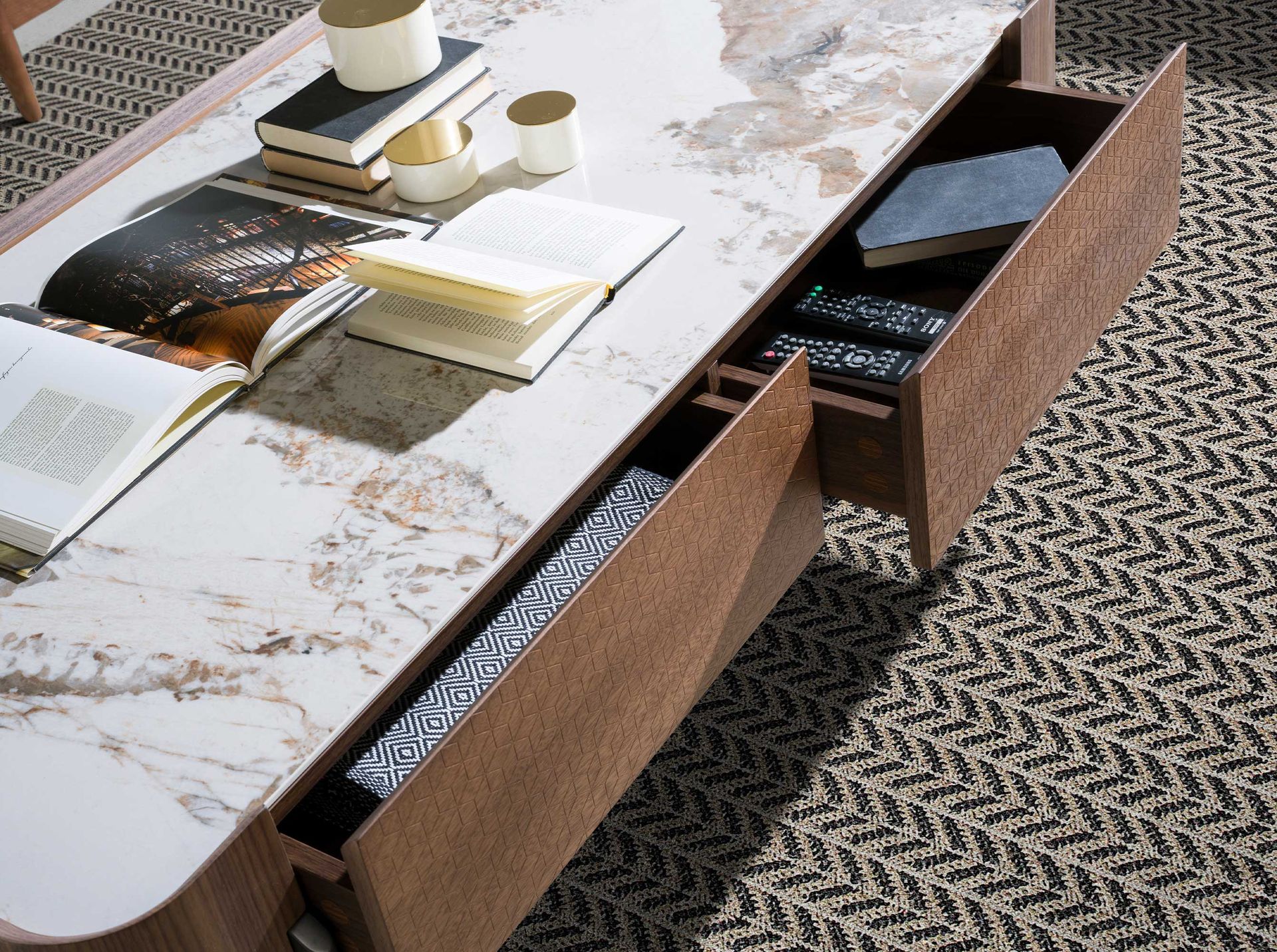 Mesa centro rectangular mármol porcelánico, nogal y acero visón metal - Imagen 7