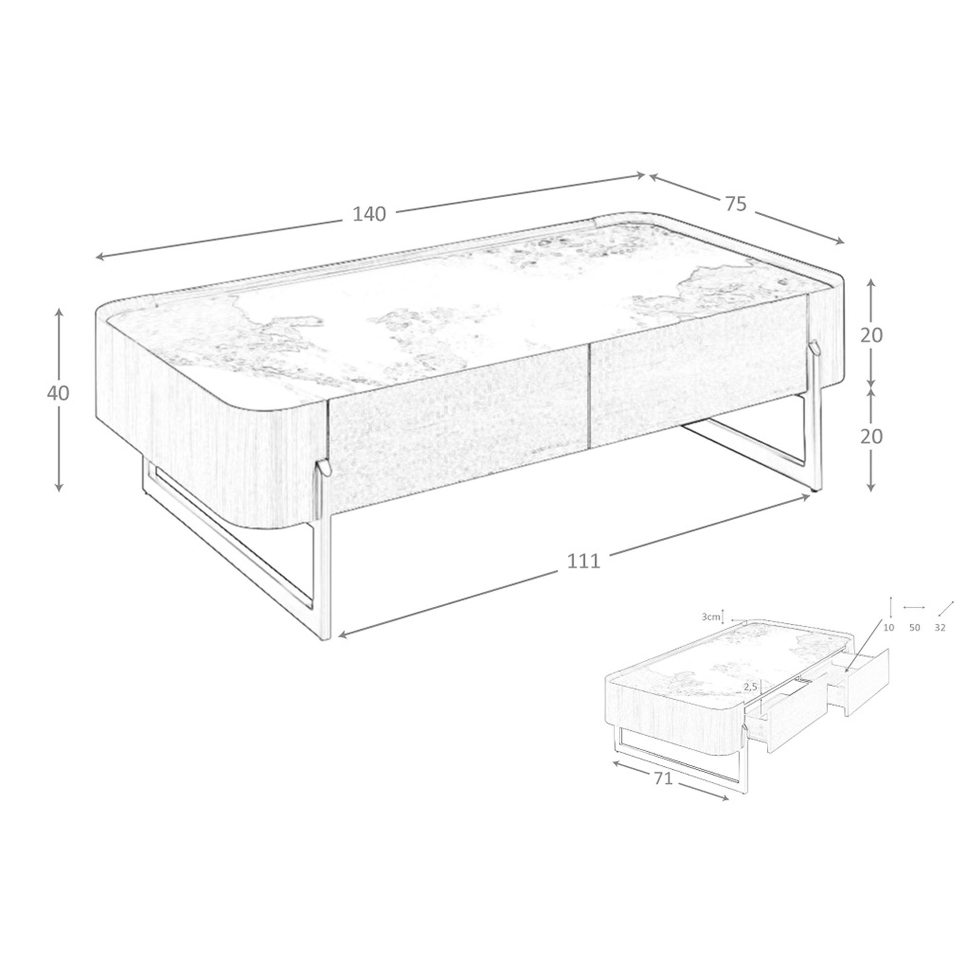 Mesa centro rectangular mármol porcelánico, nogal y acero visón metal - Imagen 8