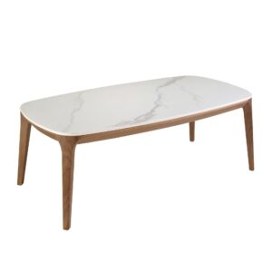 Mesa centro ovalada barril mármol porcelánico y nogal Angel Cerdá