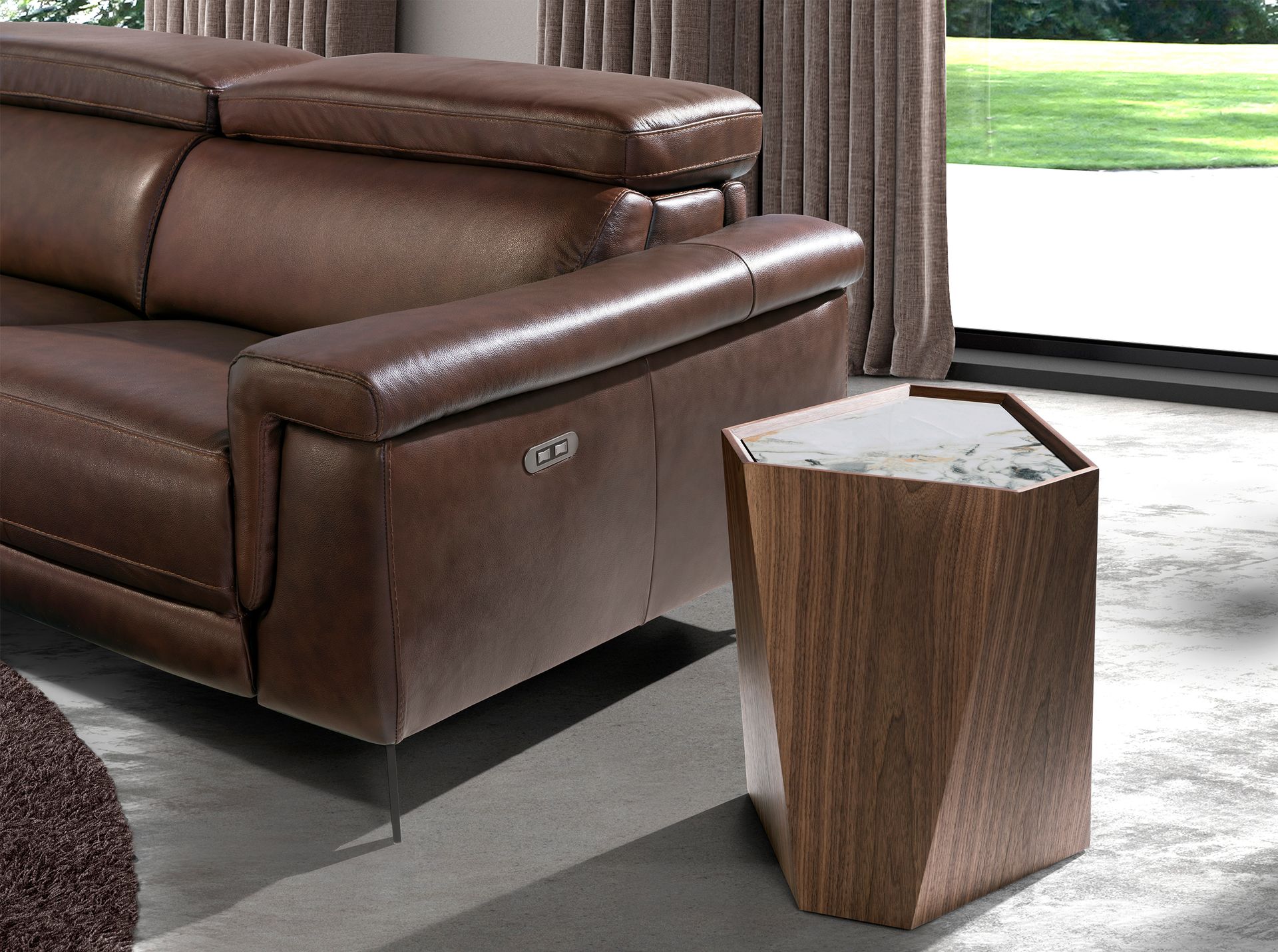 Mesa rincón triangular mármol porcelánico y nogal - Imagen 3