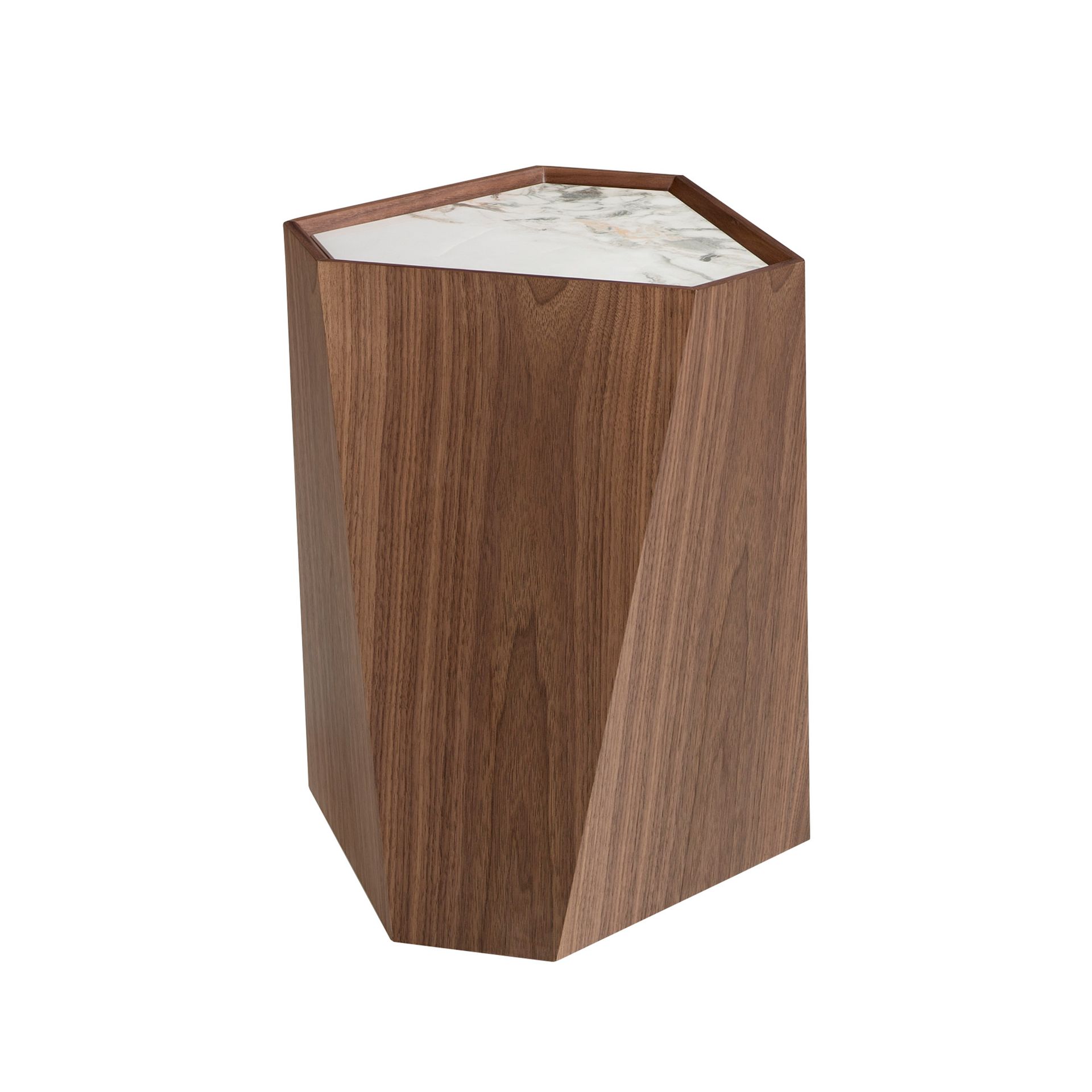 Mesa rincón triangular mármol porcelánico y nogal Angel Cerdá