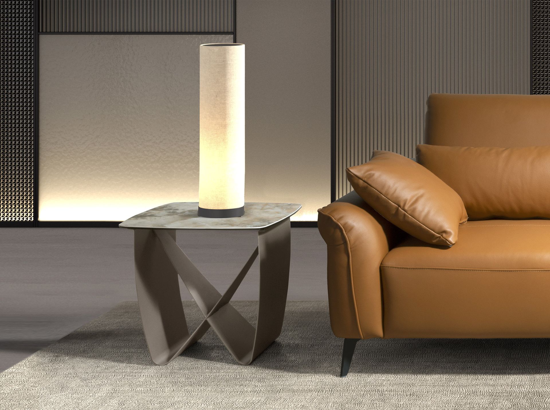 Mesa rincón cuadrada mármol porcelánico y acero taupé metalizado - Imagen 3