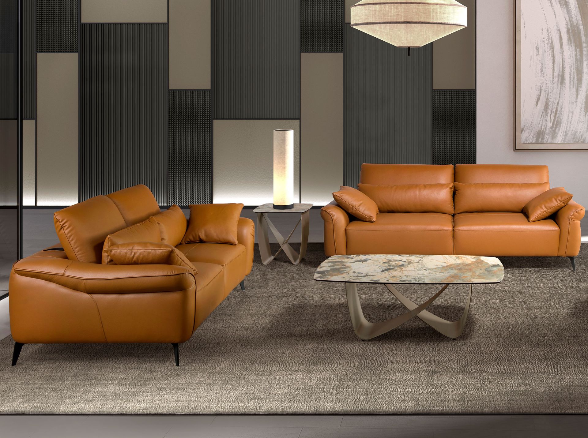 Mesa rincón cuadrada mármol porcelánico y acero taupé metalizado - Imagen 6