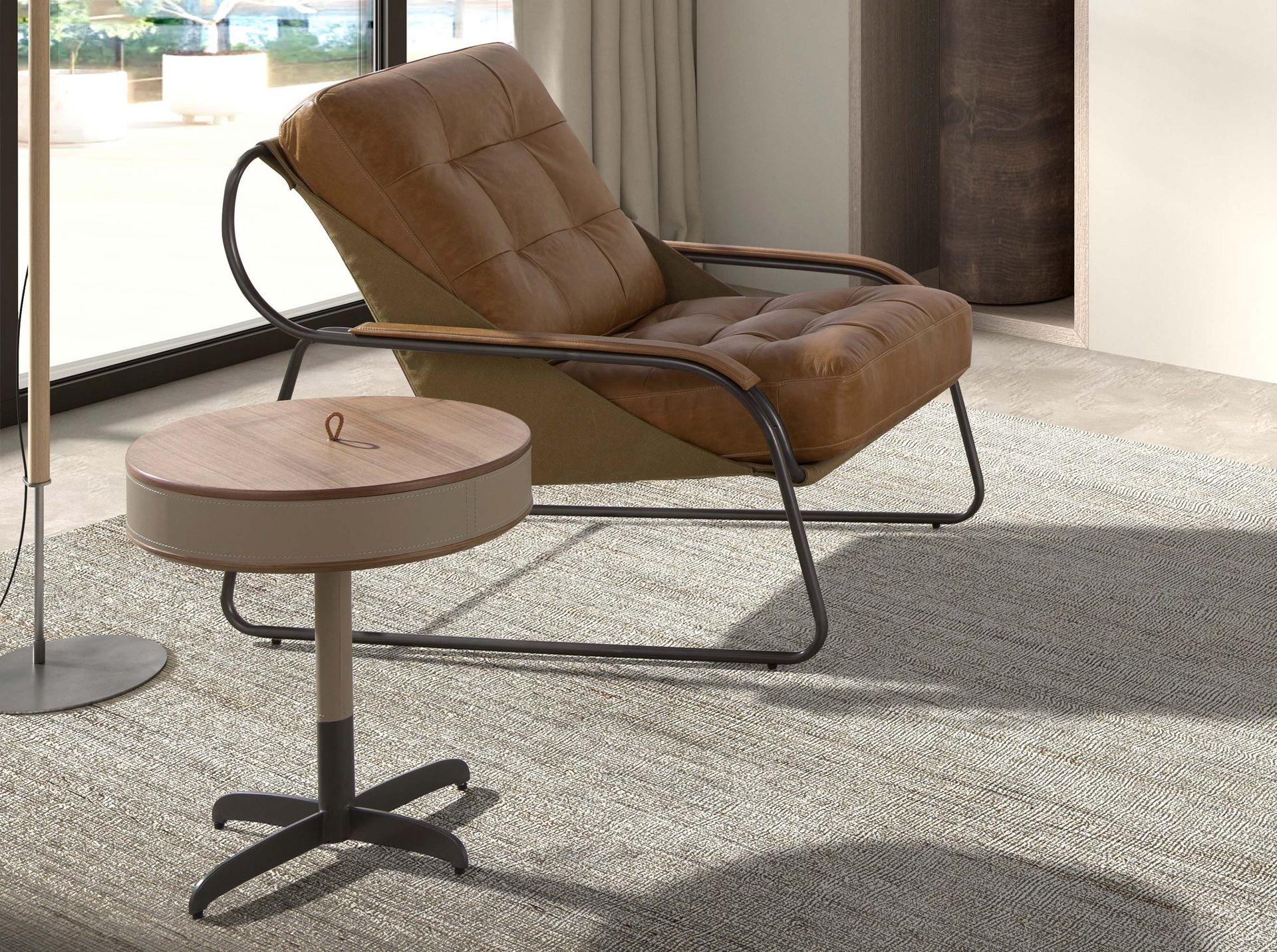 Mesa rincón redonda polipiel, nogal y acero gris - Imagen 4