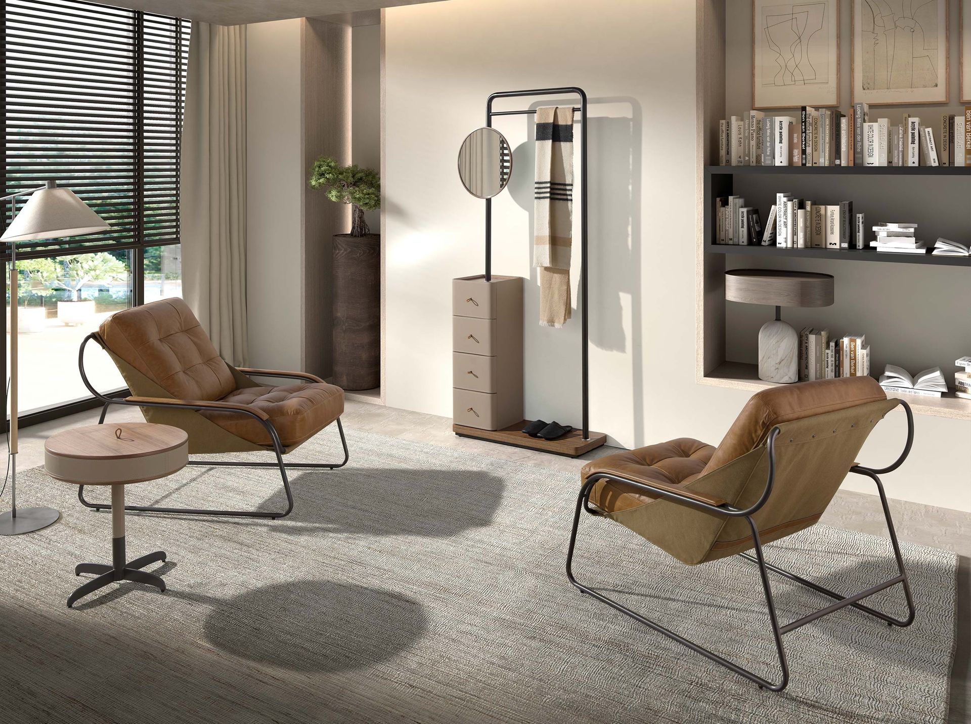 Mesa rincón redonda polipiel, nogal y acero gris - Imagen 5