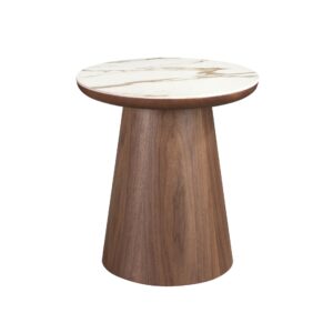 Mesa rincón redonda mármol porcelánico y nogal Angel Cerdá