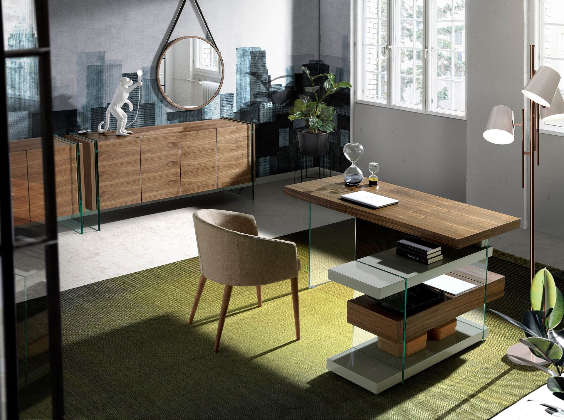 Escritorio madera gris y cristal templado con tapa de nogal - Imagen 4