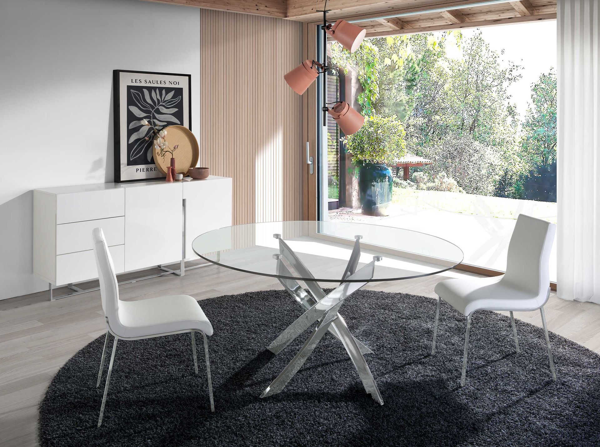 Aparador madera blanco y acero cromado - Imagen 4