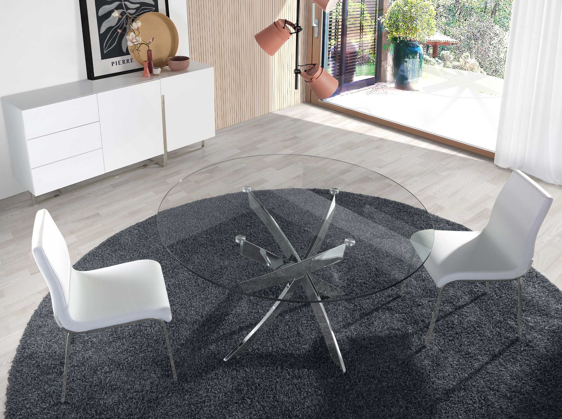 Aparador madera blanco y acero cromado - Imagen 5