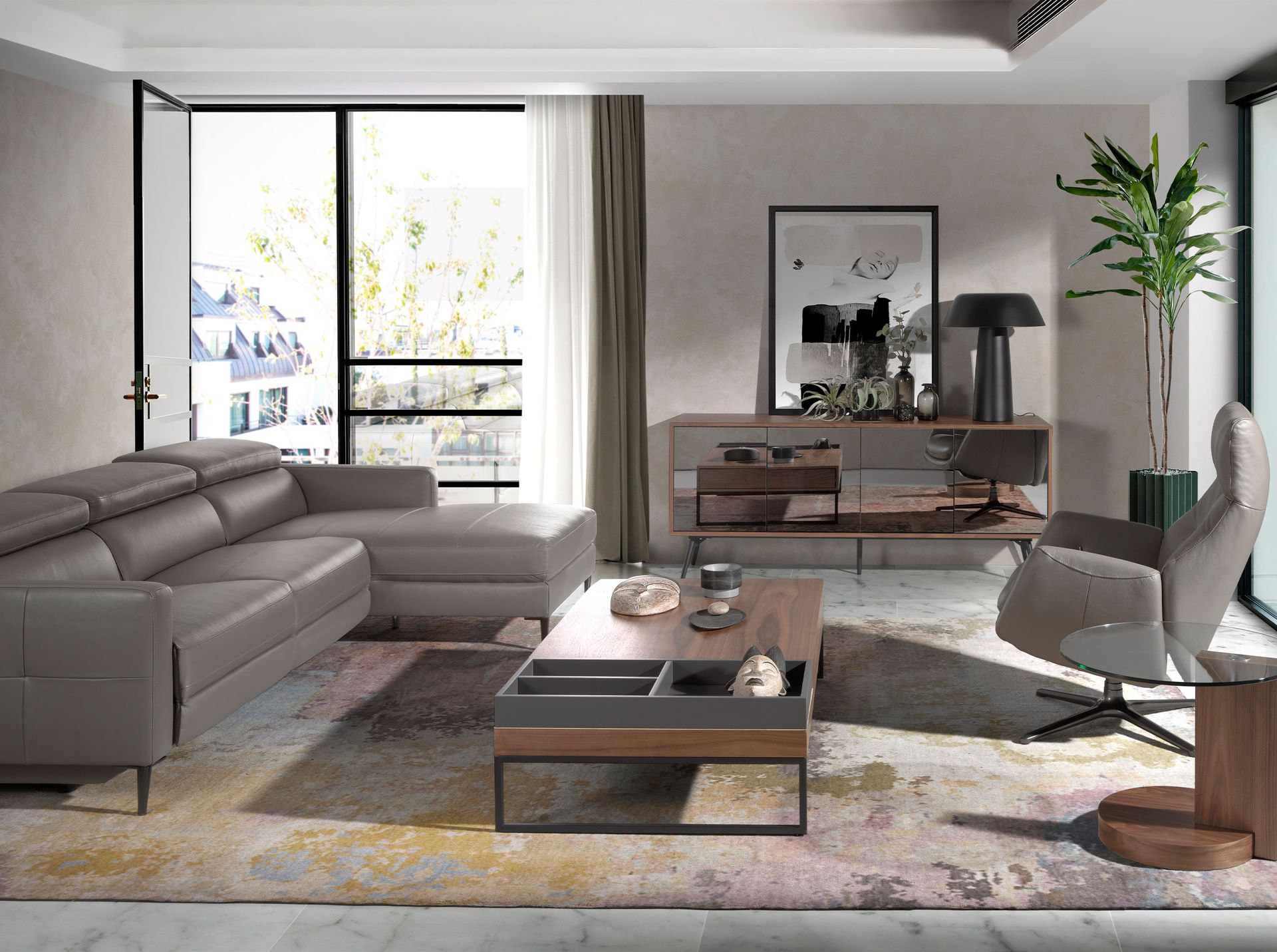 Aparador cristal negro efecto espejo, nogal y acero negro - Imagen 4