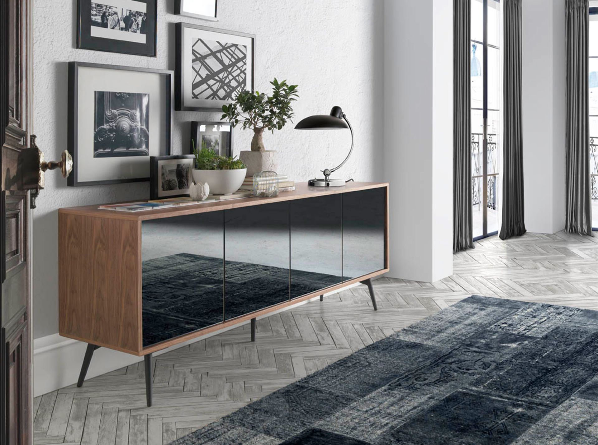 Aparador cristal negro efecto espejo, nogal y acero negro - Imagen 5