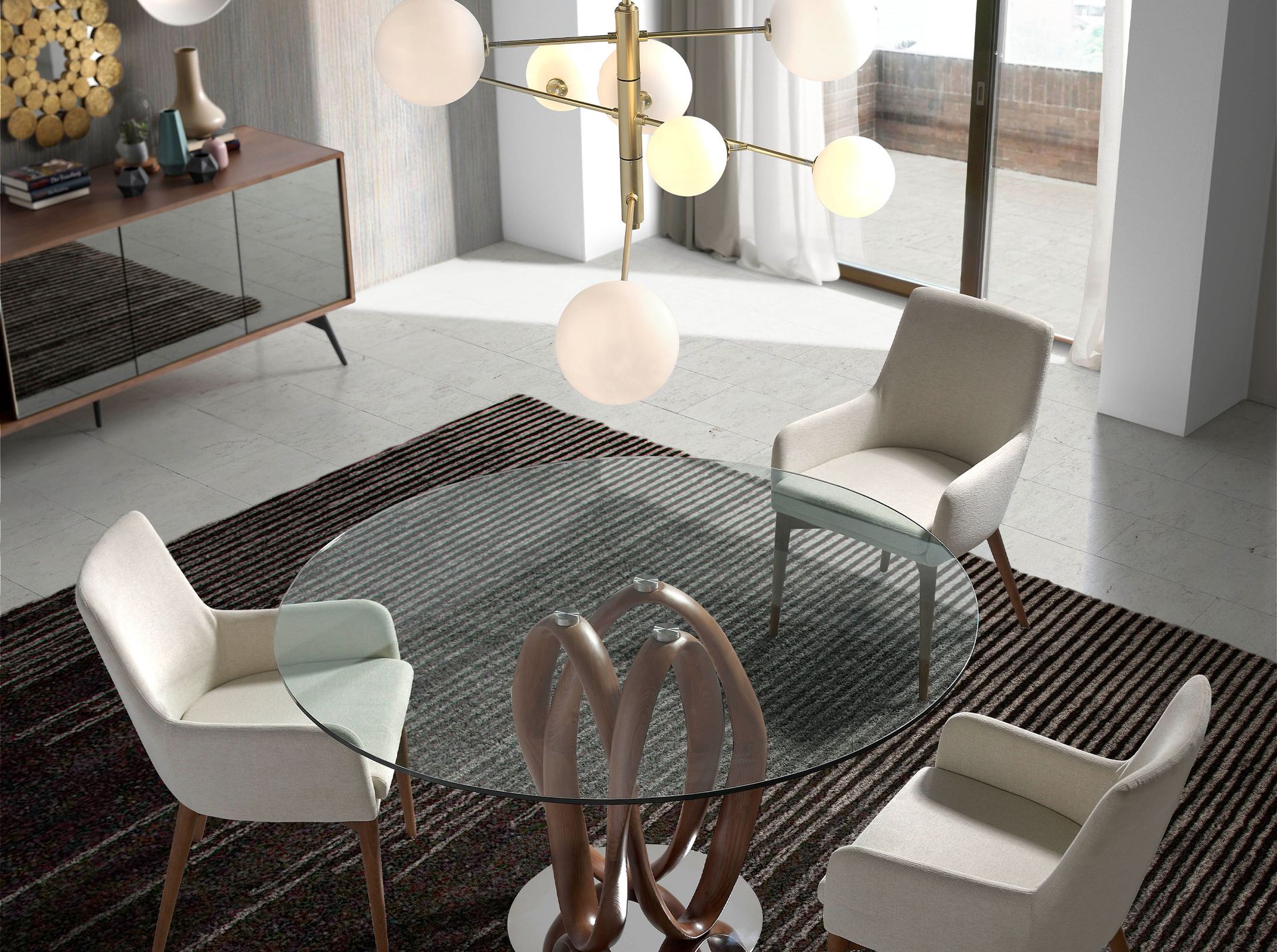 Aparador cristal negro efecto espejo, nogal y acero negro - Imagen 6