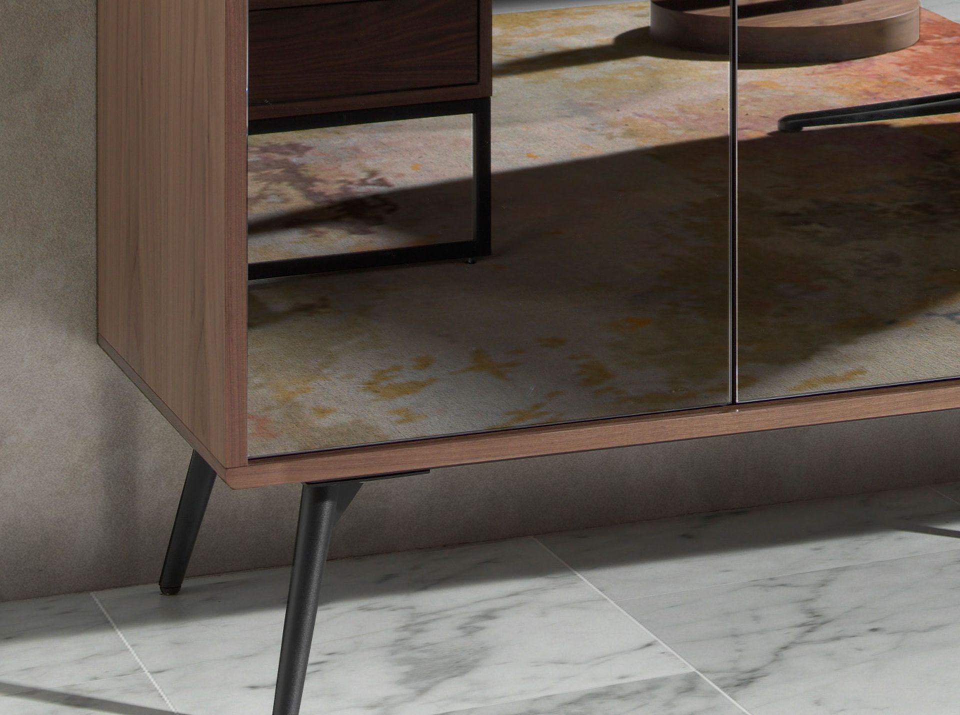 Aparador cristal negro efecto espejo, nogal y acero negro - Imagen 7
