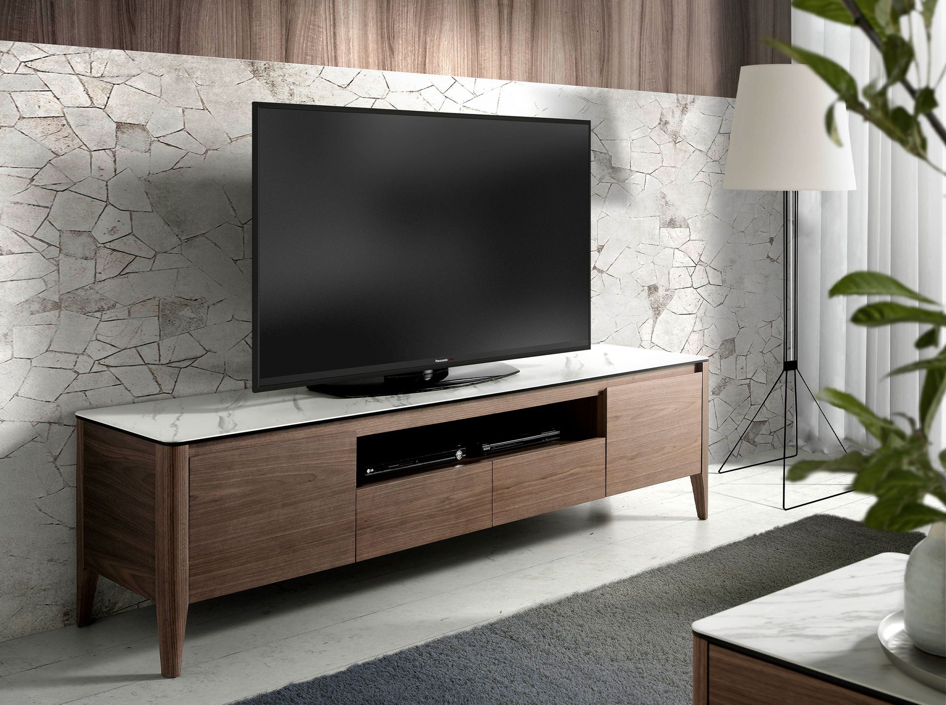 Mueble TV nogal con tapa de cristal imitación mármol - Imagen 3